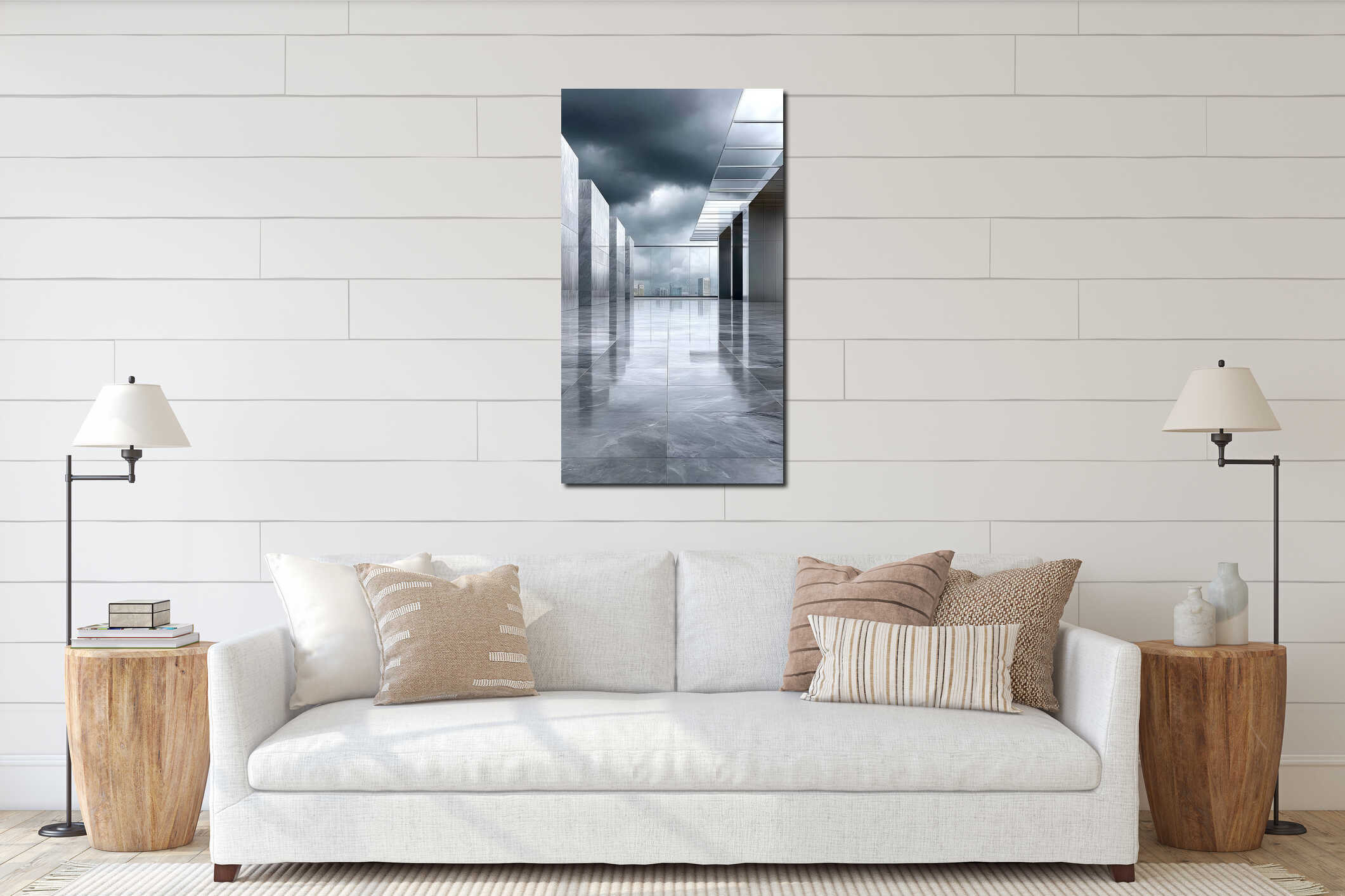 Modern architectural terrace features empty marble floor with city backdrop, offering panoramic views and space for product interior mockup