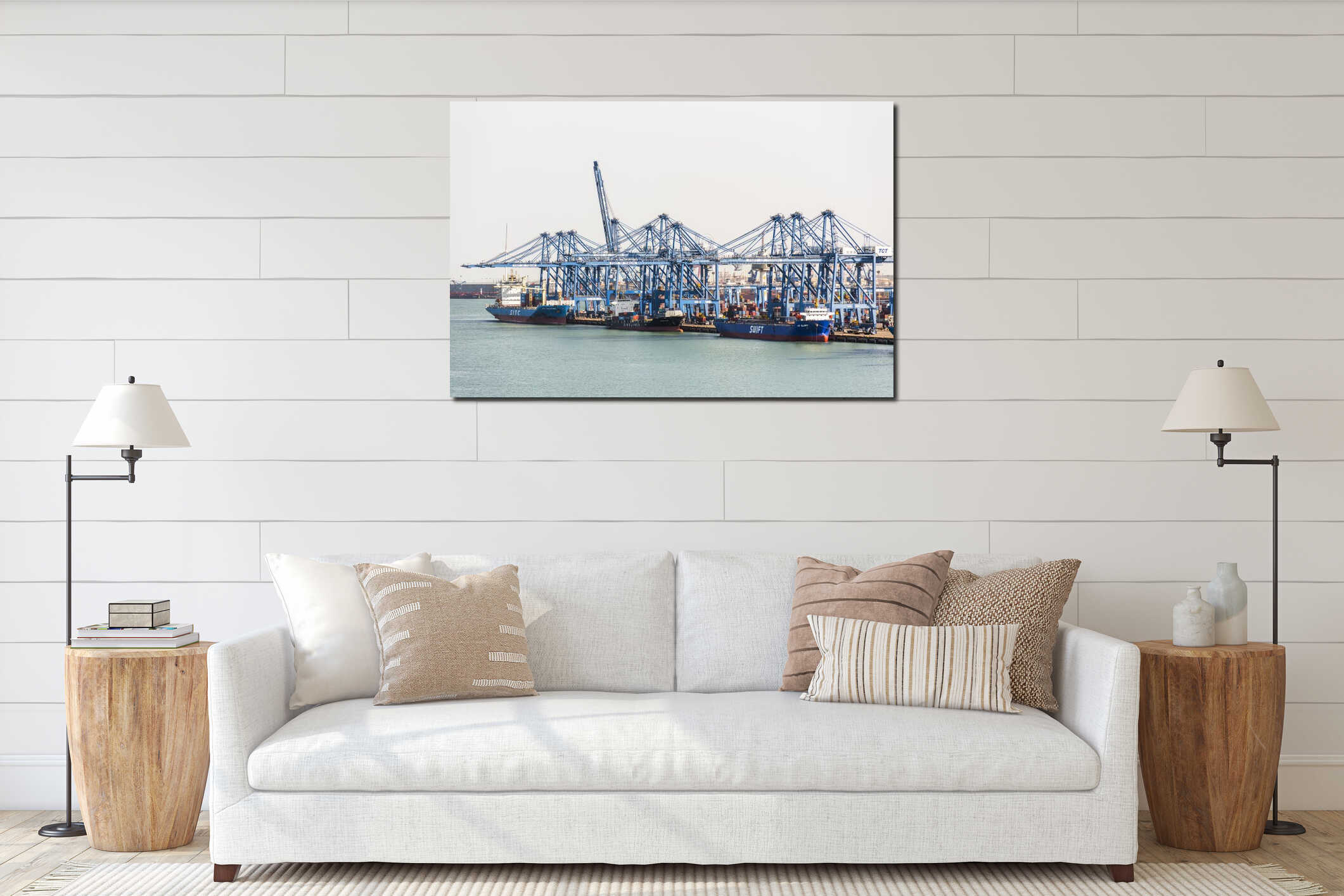 Panorama view on the Tianjin sea port container terminal with gantry cranes and cargo container ships. interior mockup