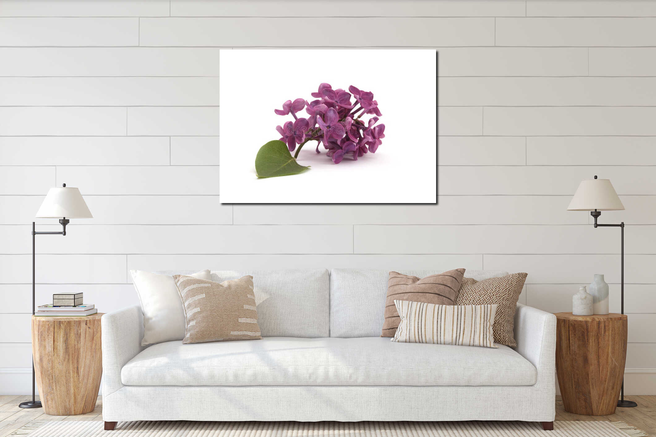 Close up Purple pink Lilac flower small bouquet on white. Selective soft focus. Macro nature background interior mockup