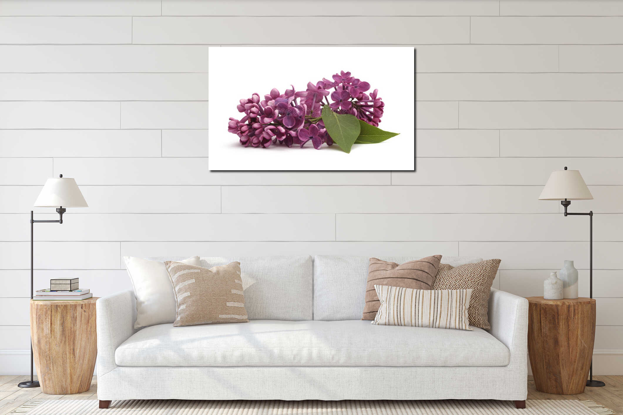 Close up Purple pink Lilac flower small bouquet on white. Selective soft focus. Macro nature background interior mockup