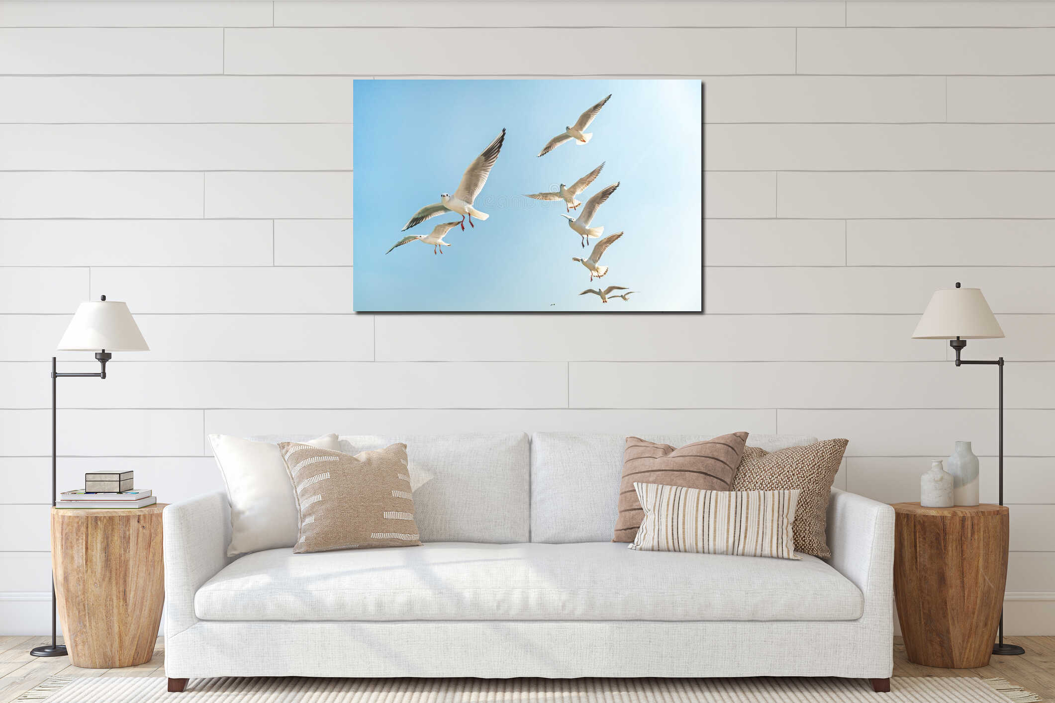 flock of birds flying in sky. visible seagull silhouettes. interior mockup