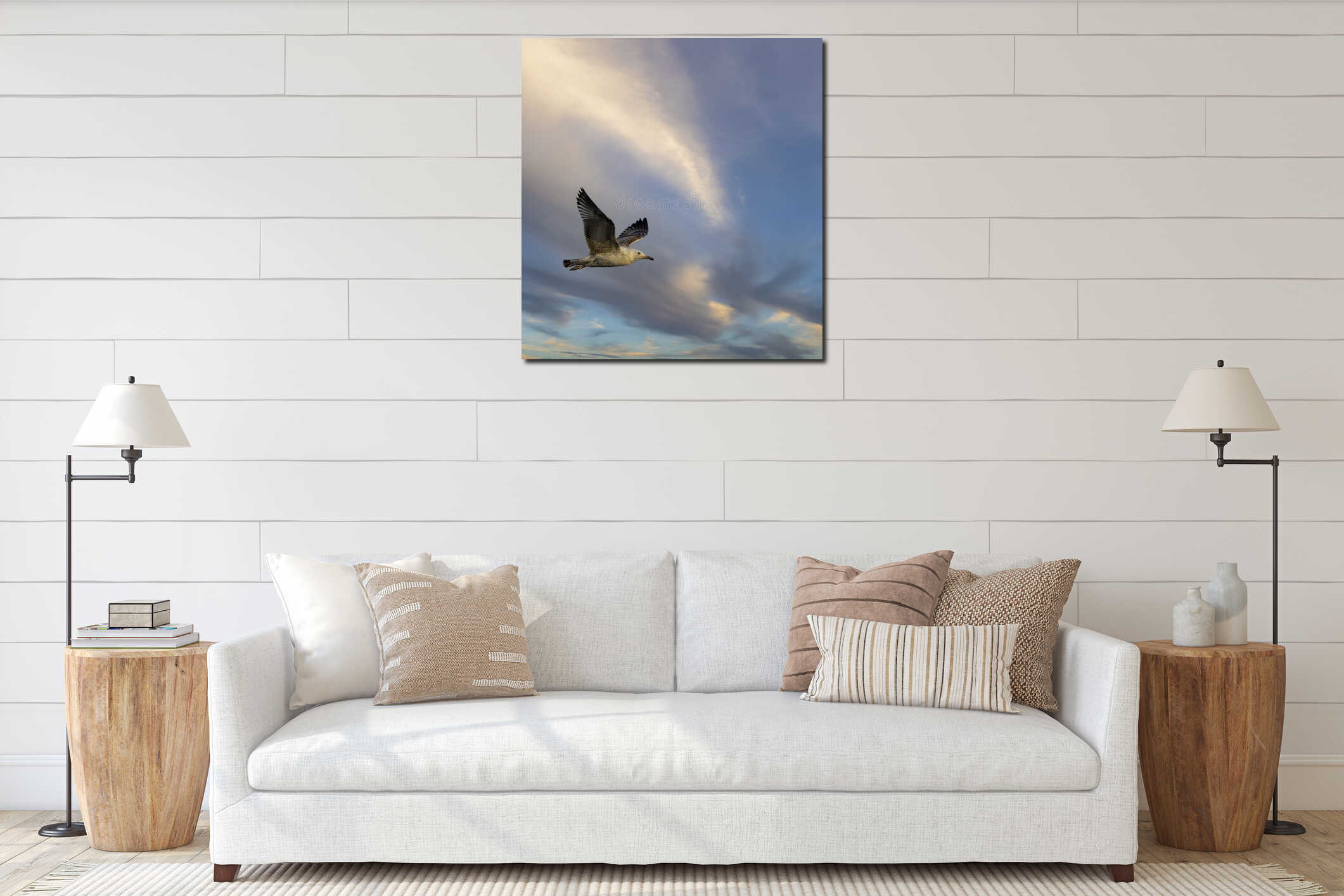 Seagull flying in the colorful sky of Razice, Czechia interior mockup