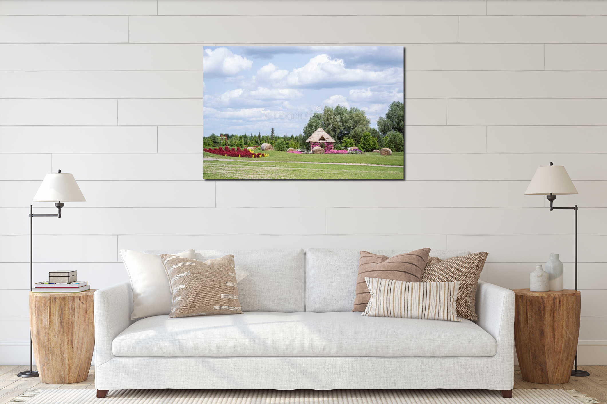 hay bales in the park in summer interior mockup