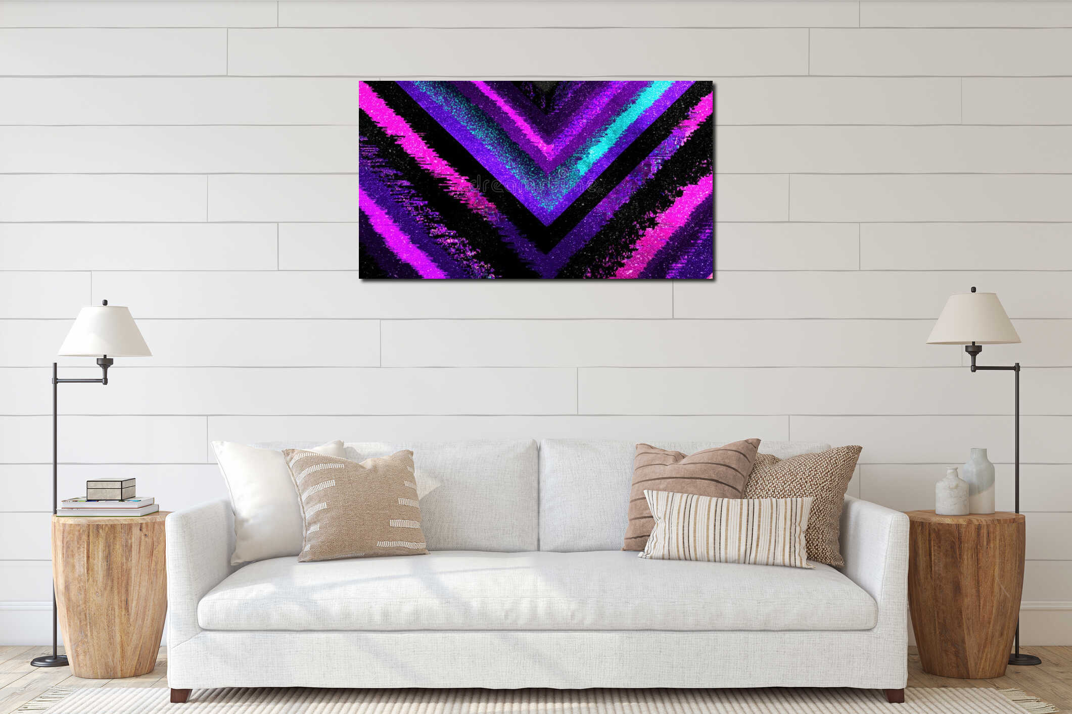 Abstract digital art with vibrant purple, pink, and turquoise zigzag patterns creating a dynamic, textured visual effect. interior mockup