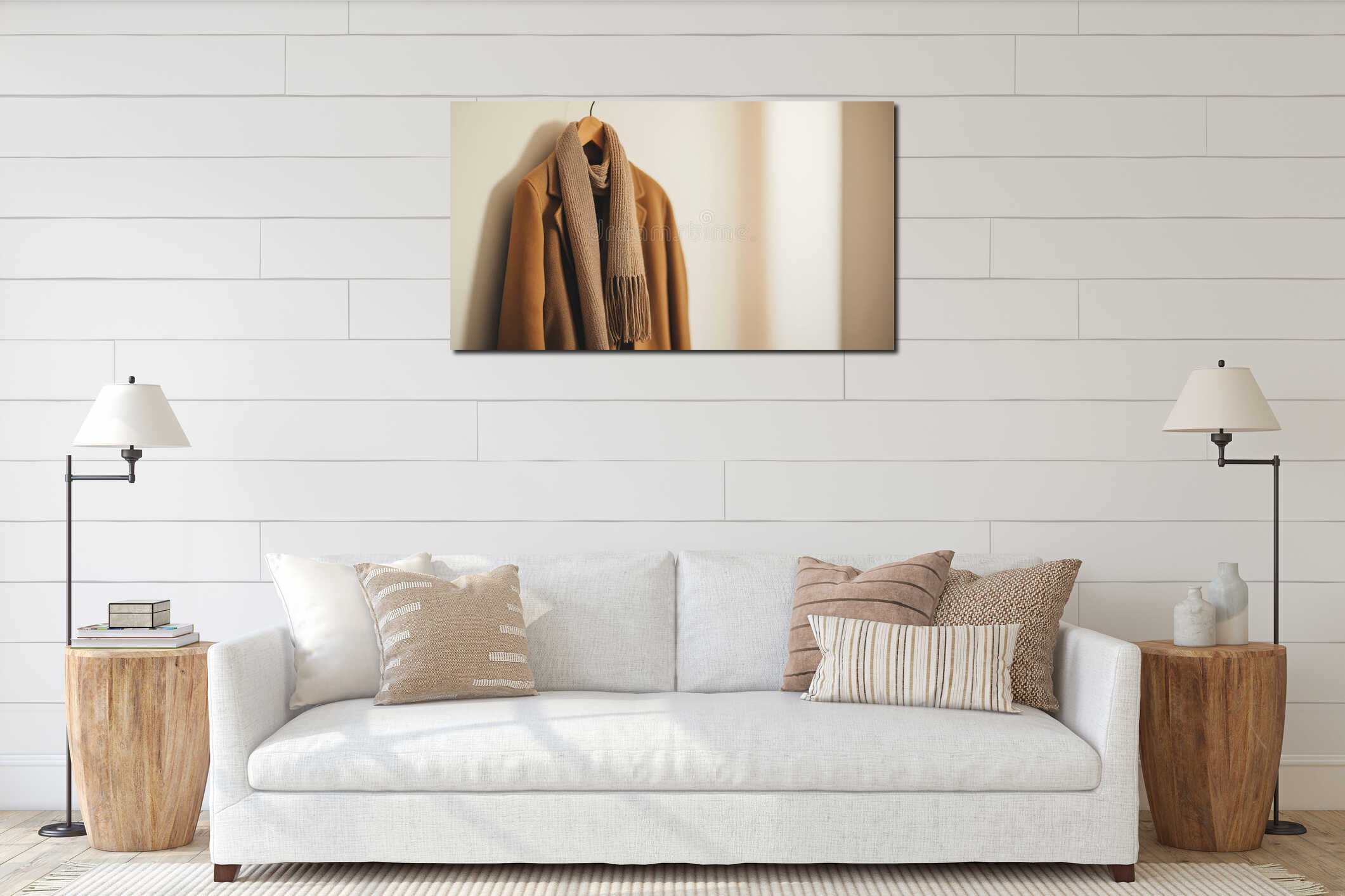 Warm parka and wool scarf hanging in a spacious neutral-toned hallway with soft natural light interior mockup