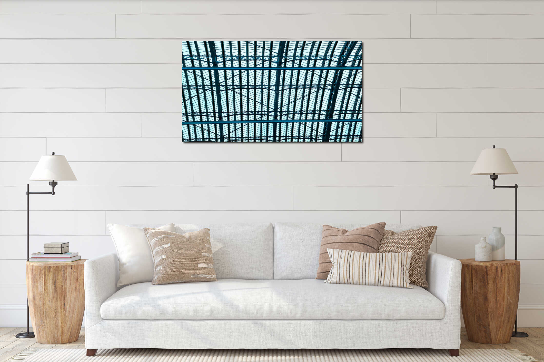 Symmetrical industrial ceiling pattern showing steel beams and glass light interior mockup