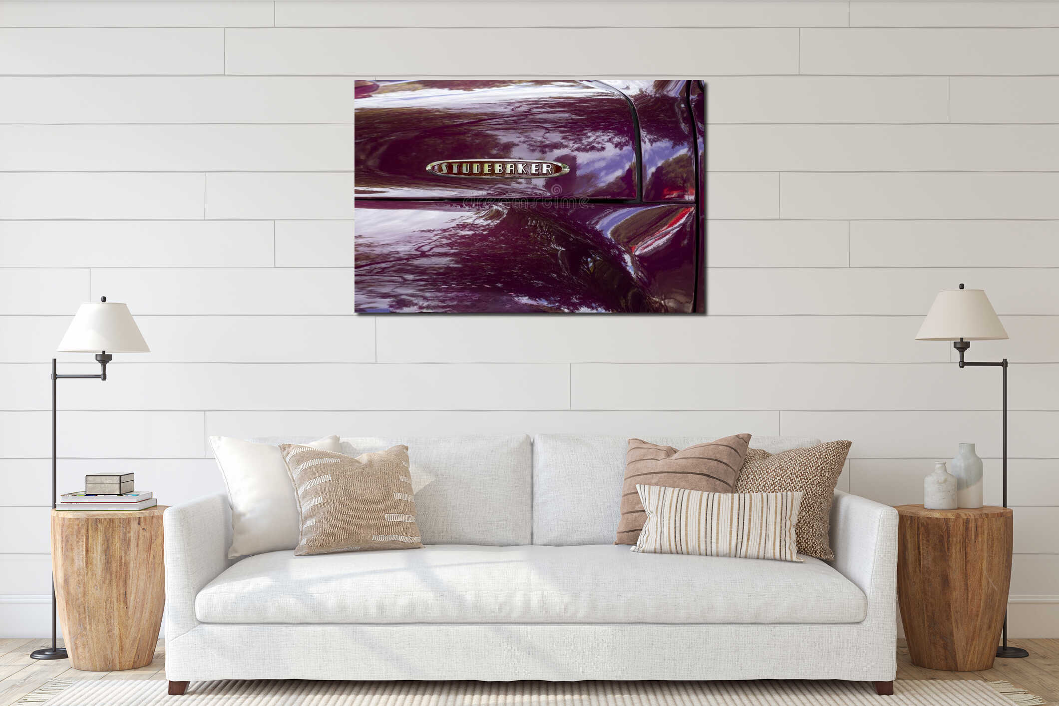 Outdoor vintage car show. Close-up of historic Studebaker car model logo interior mockup