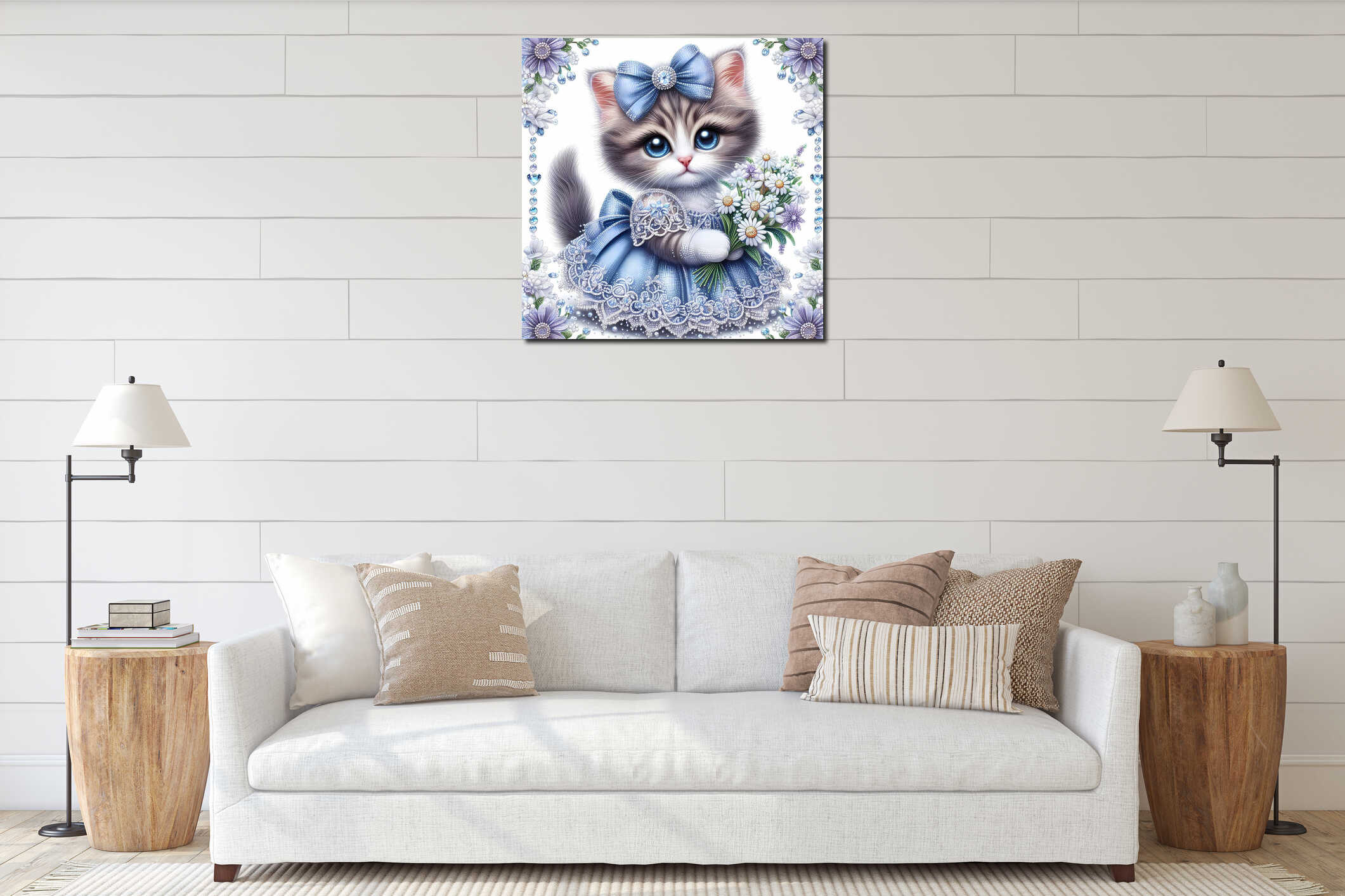 Adorable fluffy tabby cat, wearing a beautiul blue elegant dress with lace, holding a bouquet daisies, framed by flowers, fantasy interior mockup