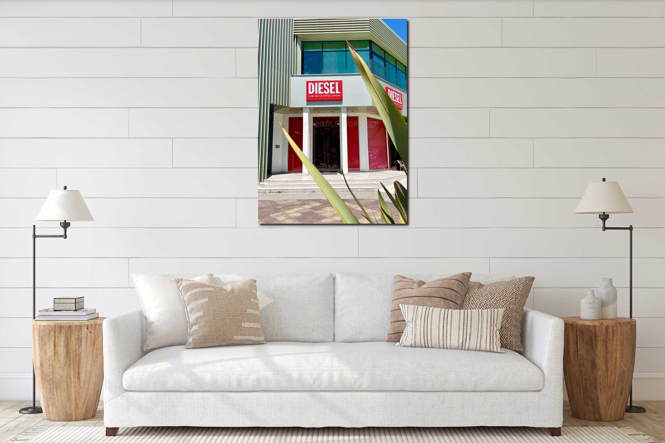 Russia, sochi - July, 02, 2025: A modern retail building featuring a bold 'DIESEL' sign. The architecture showcases interior mockup