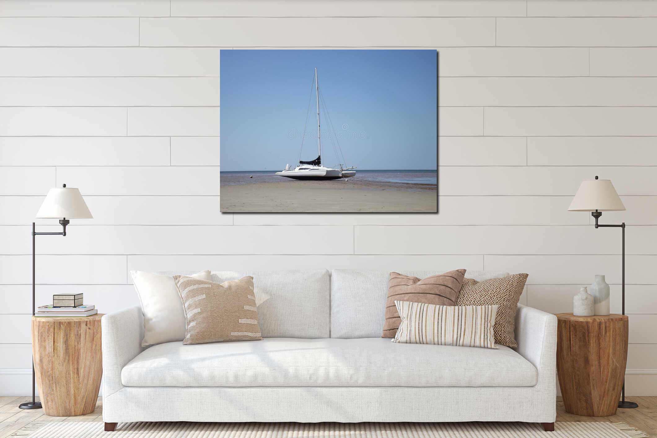 large catamaran boat on the shore, interior mockup