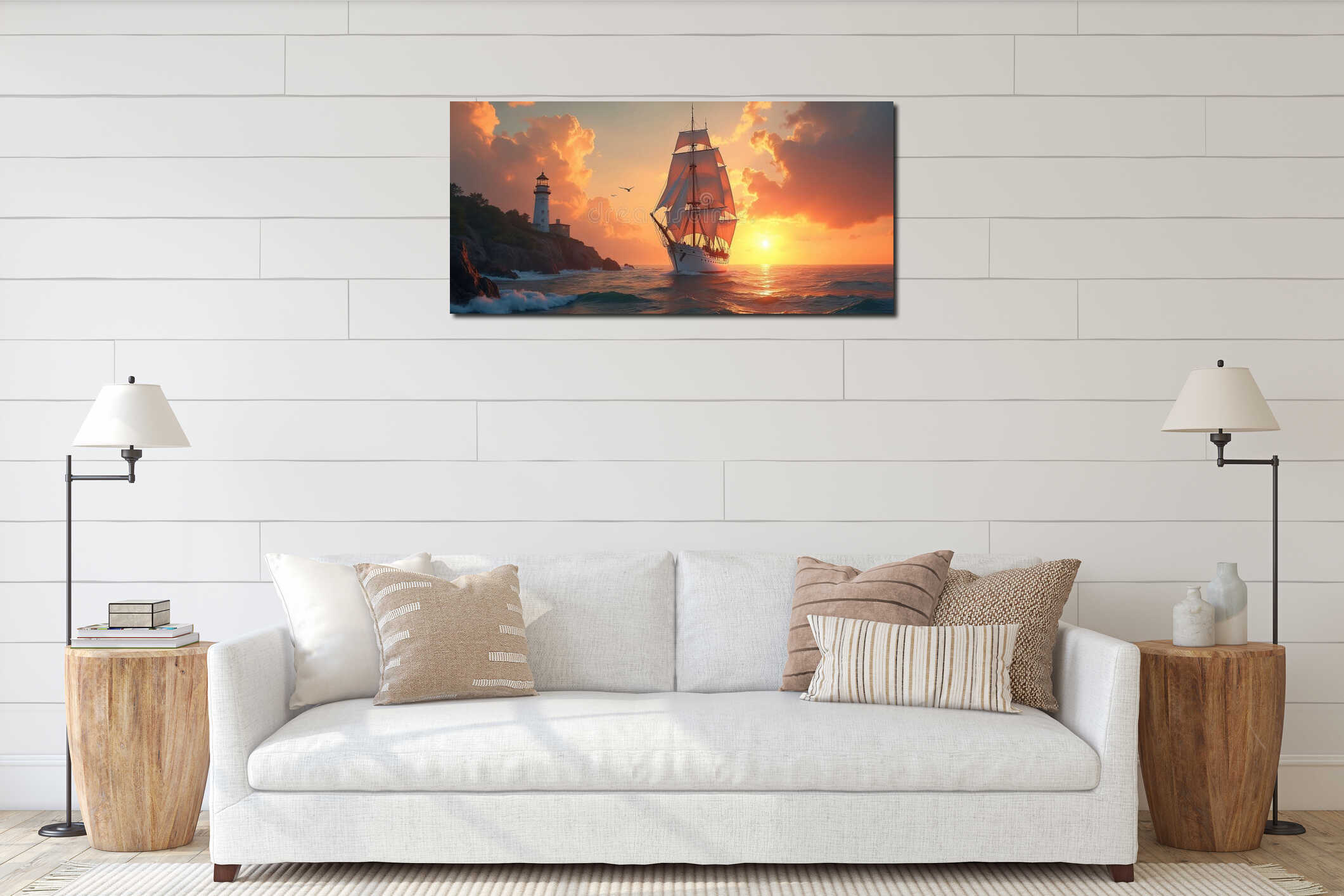 Tall sailing ship navigates calm ocean waters near rocky coastline, lighthouse during dramatic sunset. Golden hour light interior mockup