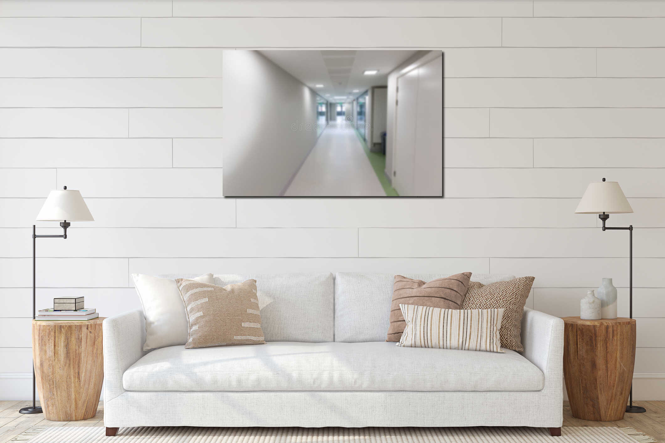 Illuminated corridor in office interior mockup