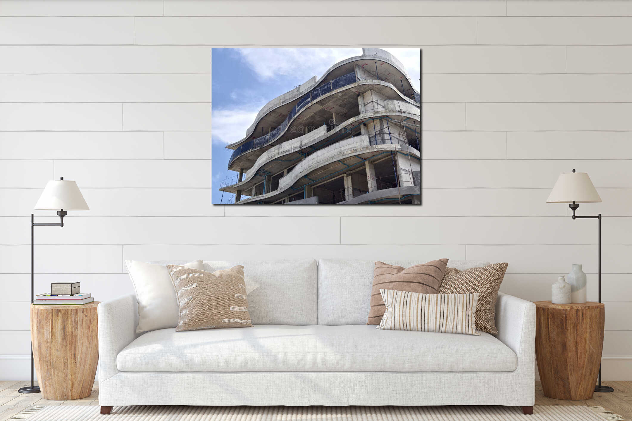 A large building is being constructed against the backdrop of a blue sky interior mockup
