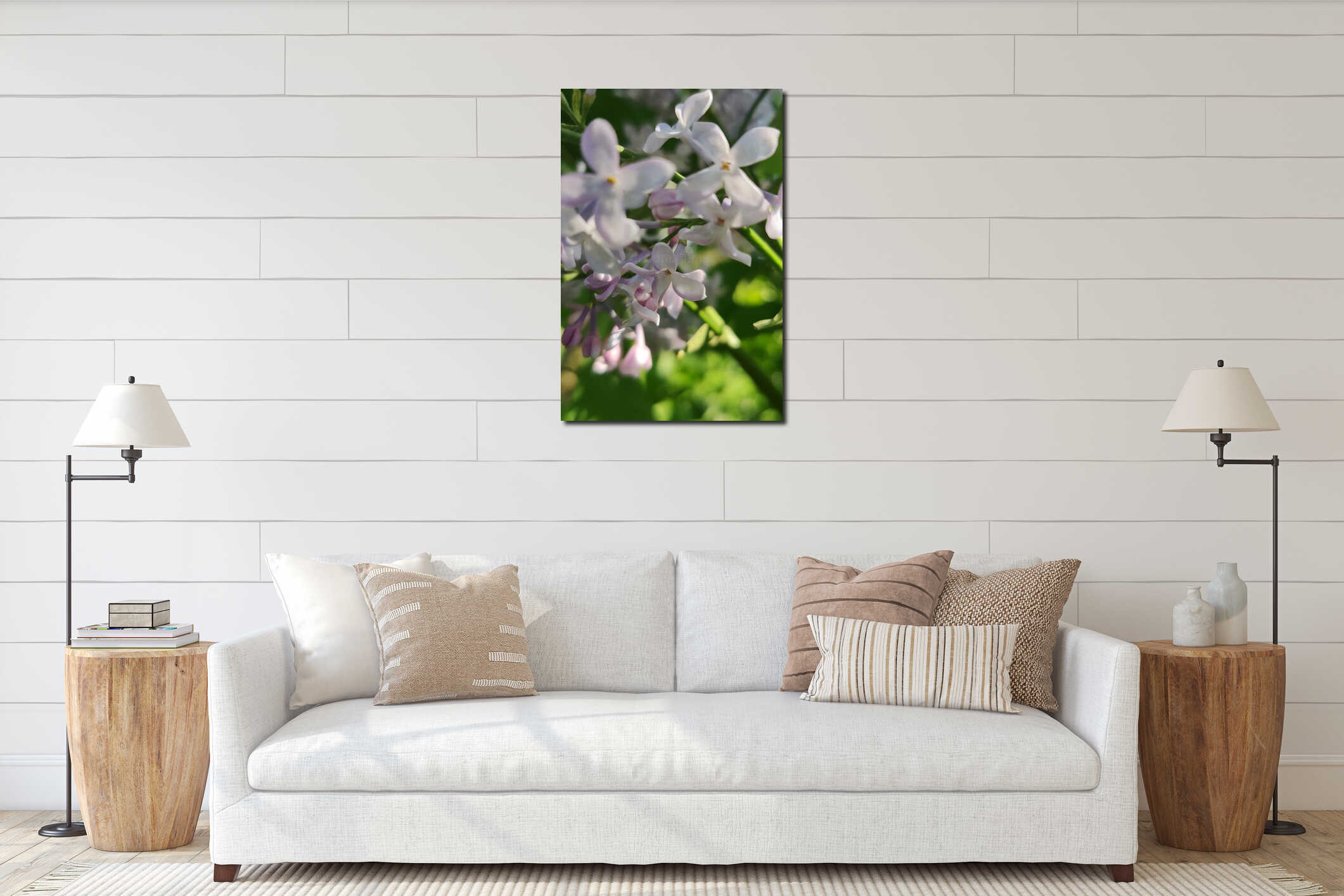 Clusters of light purple lilac flowers close-up interior mockup