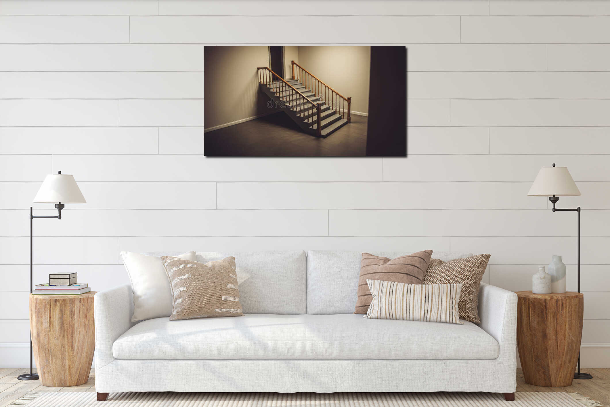 staircase with wooden railings in dim lighting interior mockup