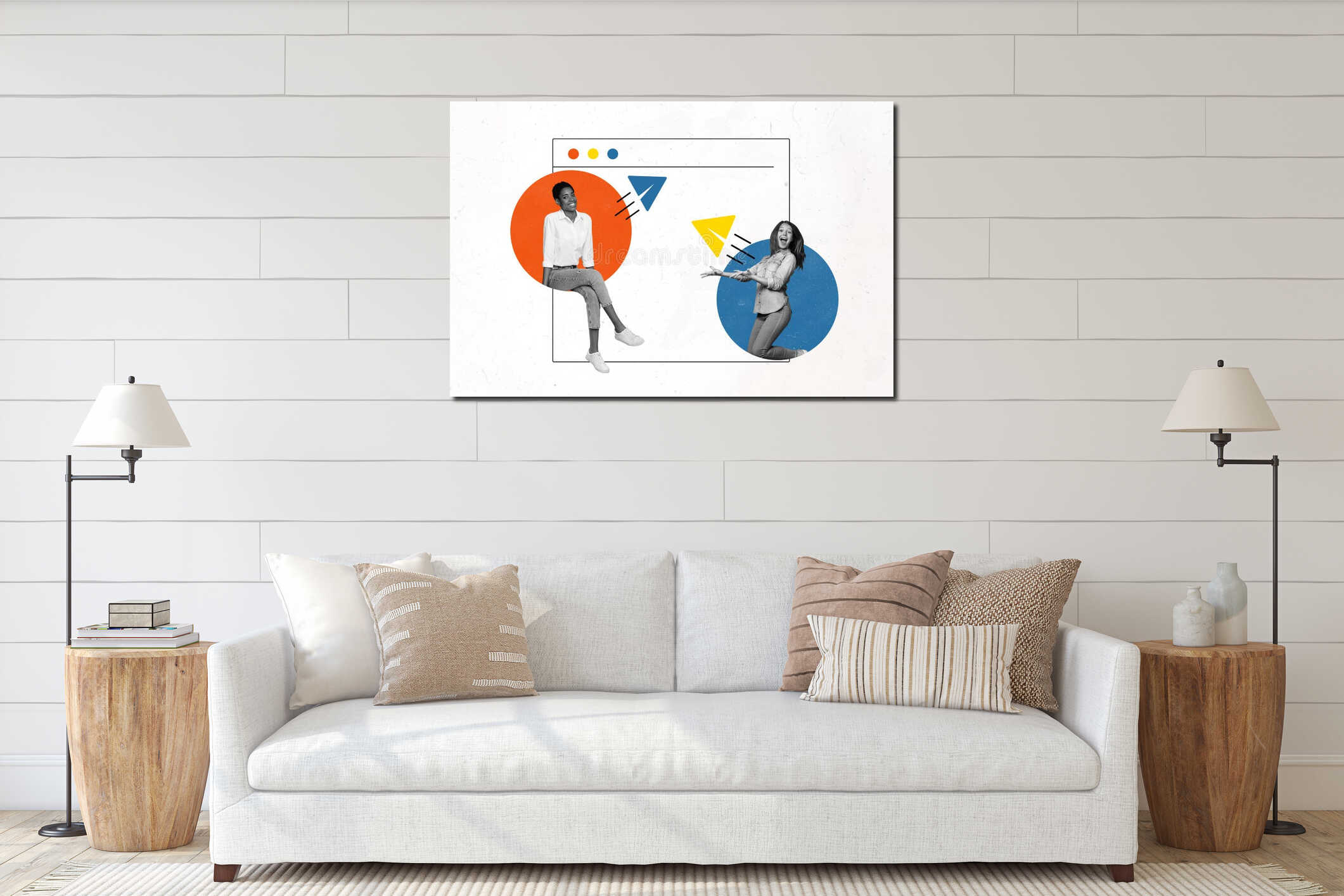 Trend artwork composite 3D photo collage design of communication sticker comment talk two young woman smile talk website interior mockup