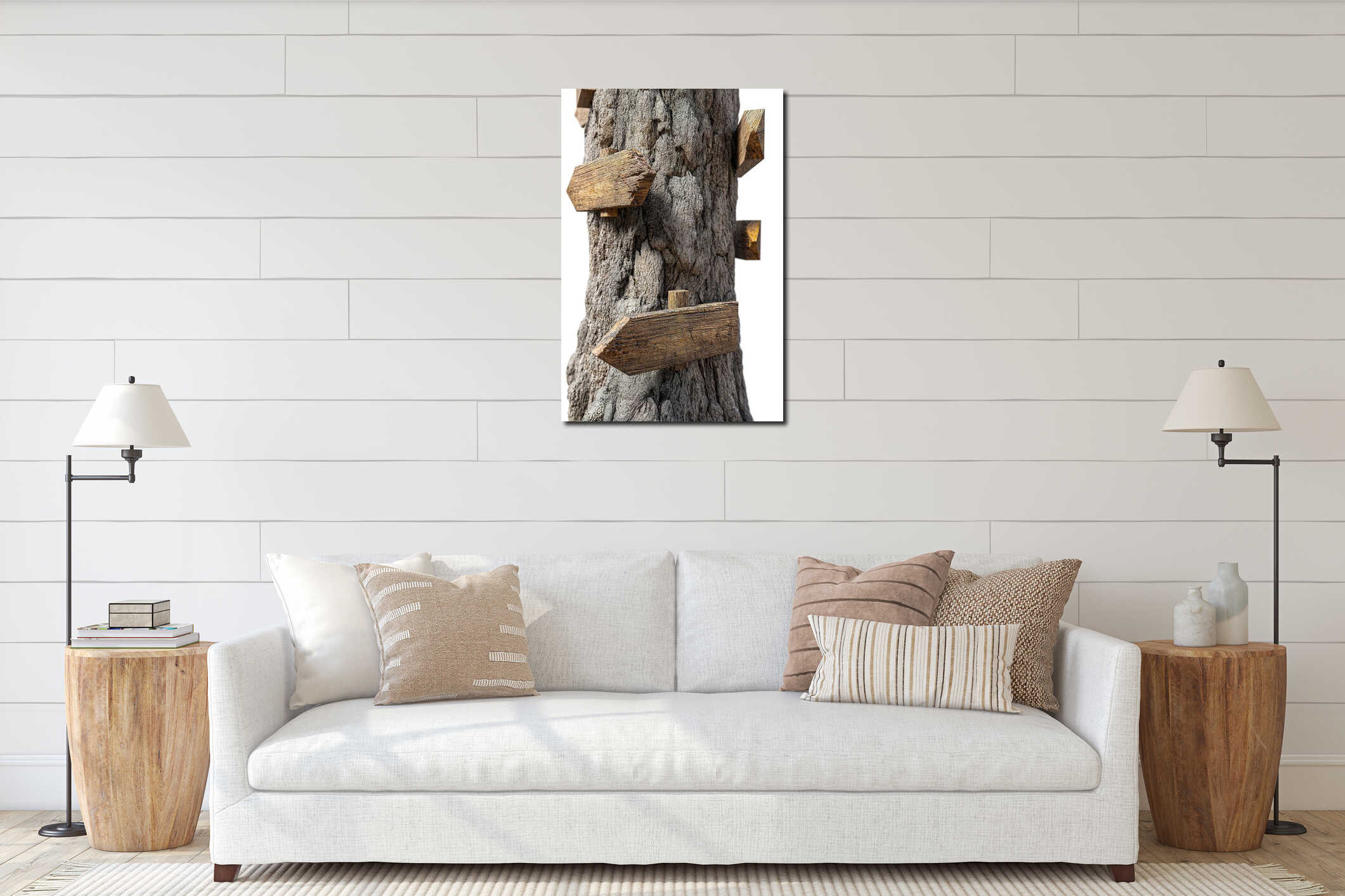 Tree Trunk with directional arrow signs isolated on white background. Generative Ai interior mockup