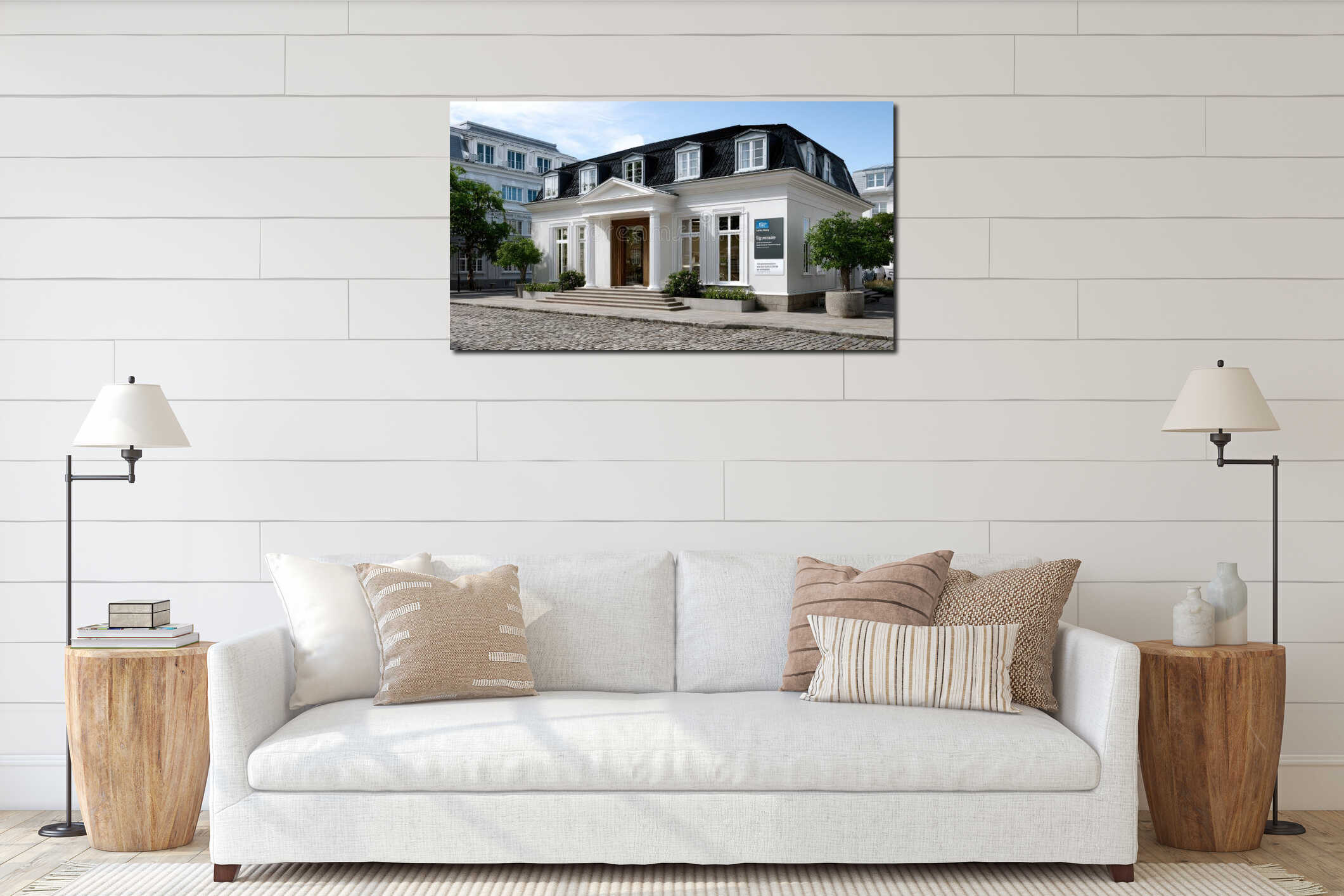 A contemporary bank stands outside under the sun, featuring a white exterior and modern design elements, situated by the ocean interior mockup