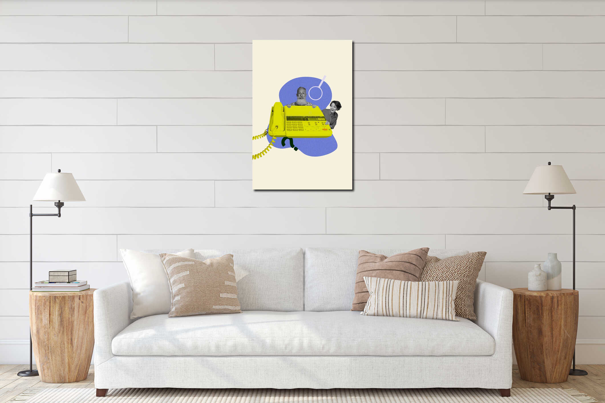 Vertical 3d image collage of two happy business partners old man young girl peek telephone call center worker magnifier interior mockup