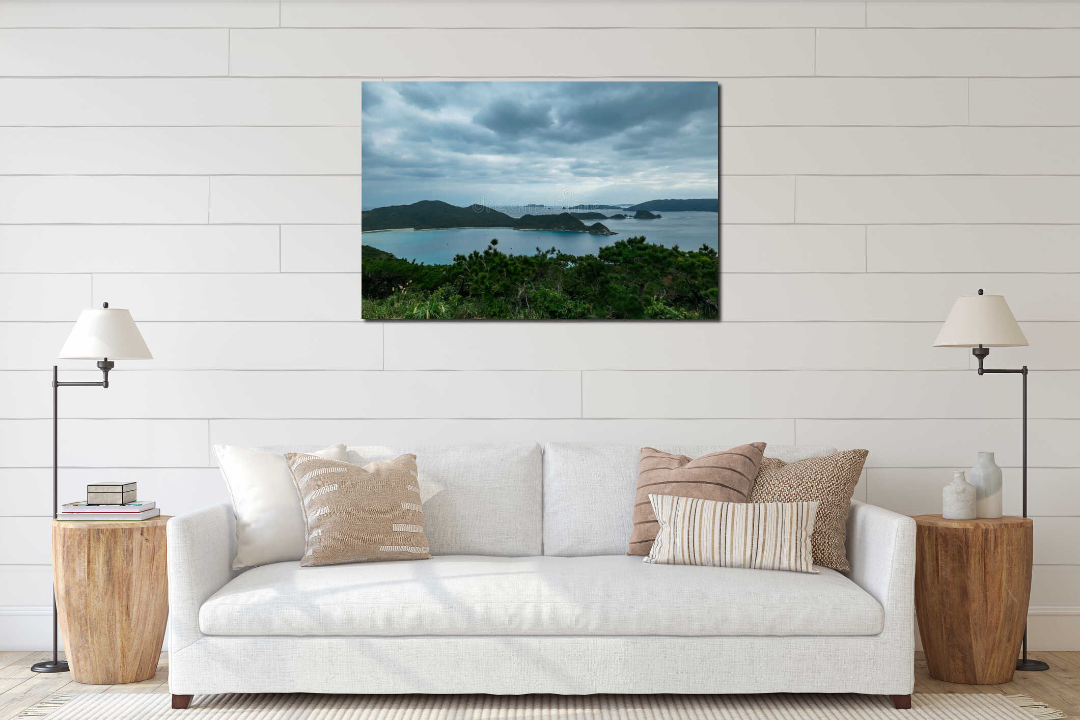 Okinawa - An expansive, high-angle panoramic view captures the serene Kerama Islands and their stunning turquoise bays interior mockup