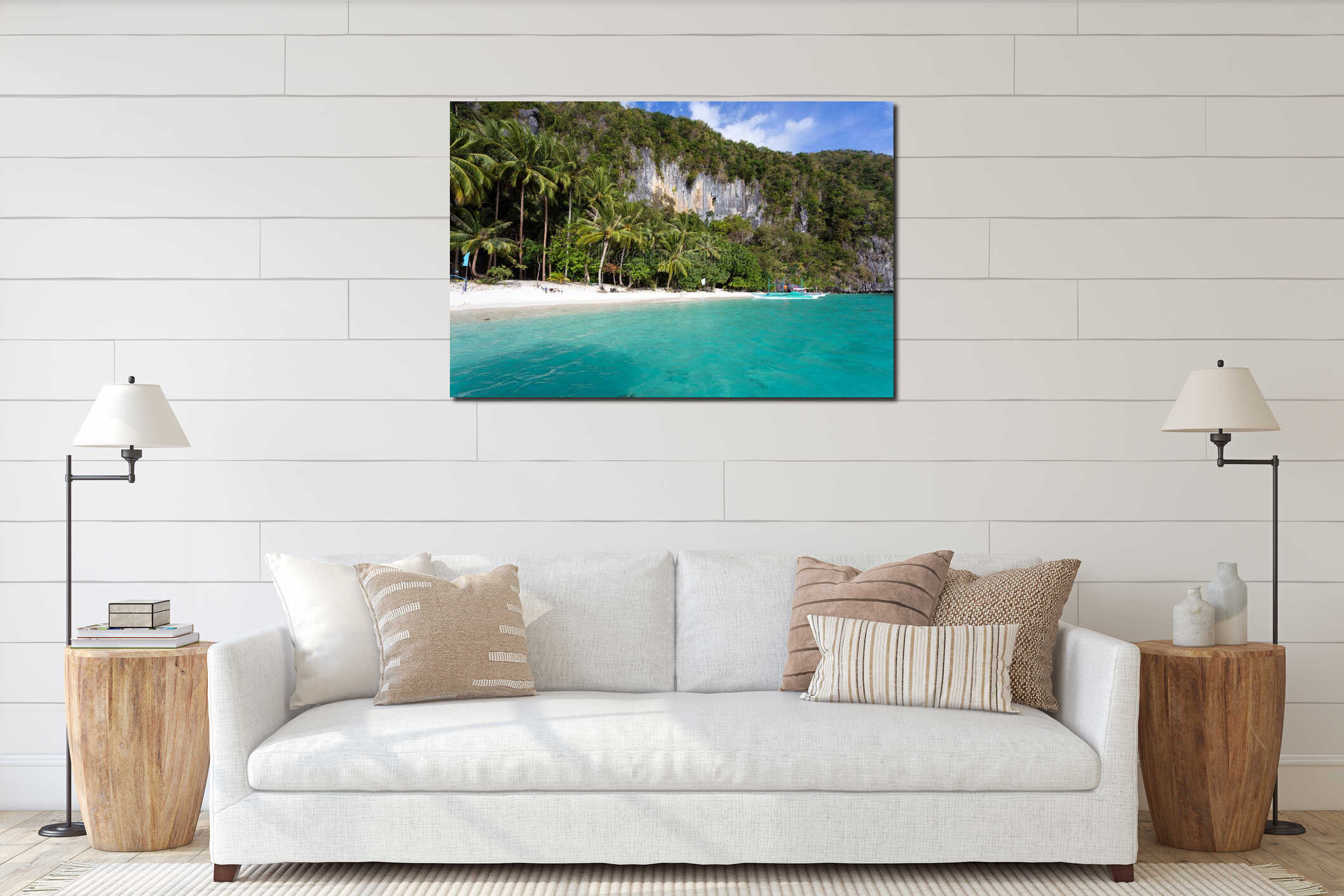 Tranquil tropical beach interior mockup