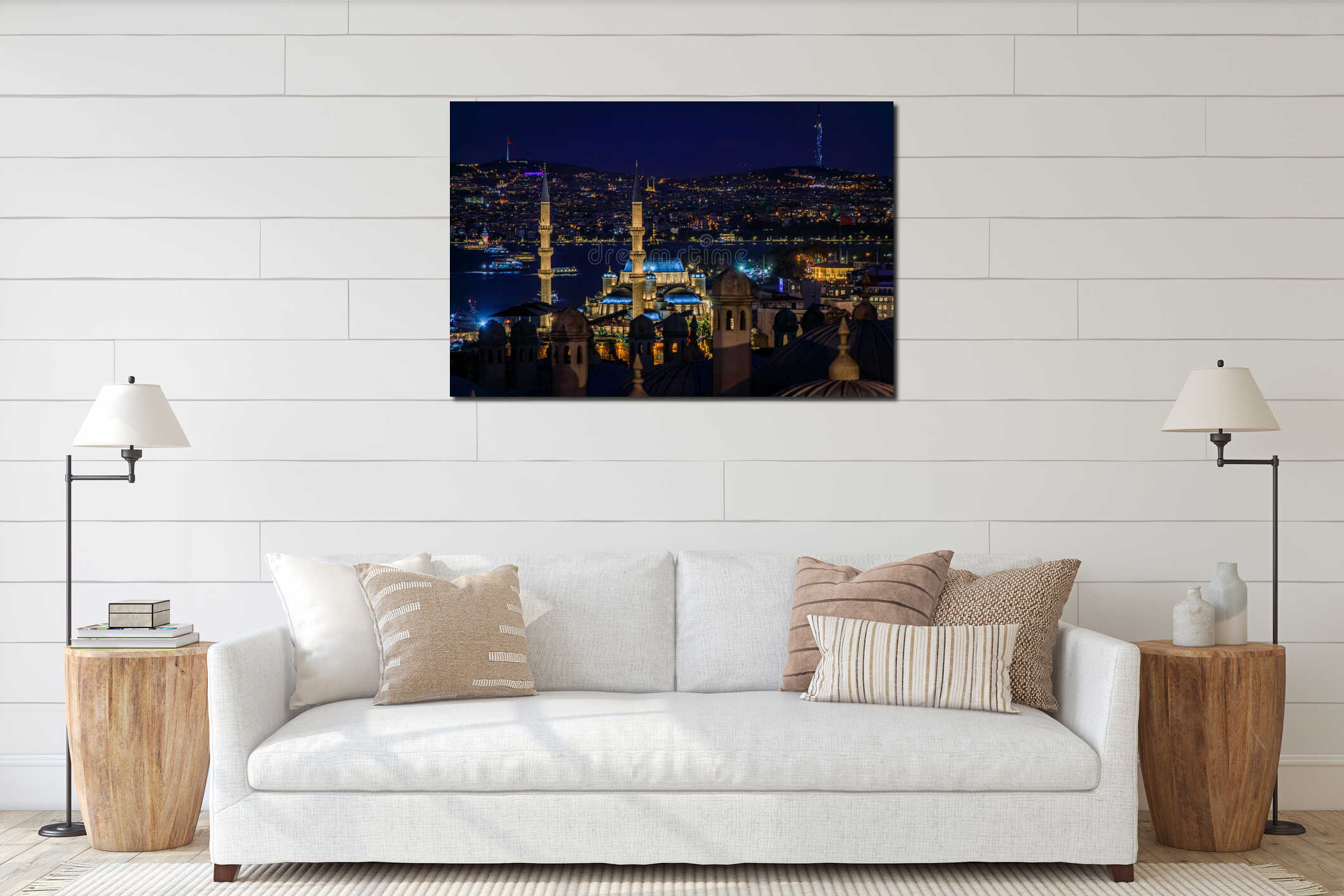 Golden sunset light illuminates Istanbul Bosphorus skyline with Yeni Mosque interior mockup