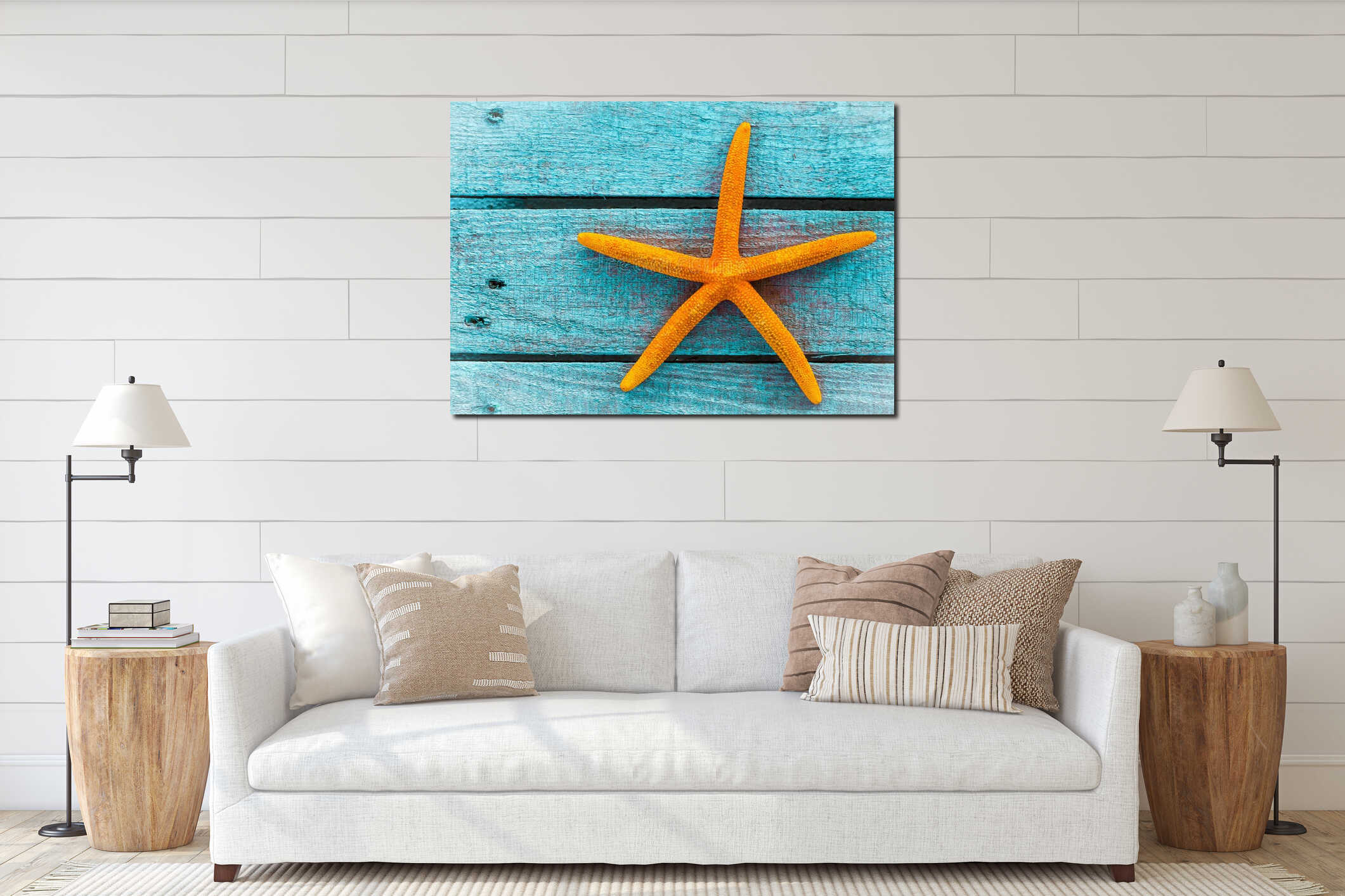 Orange starfish or sea star on blue wooden boards interior mockup