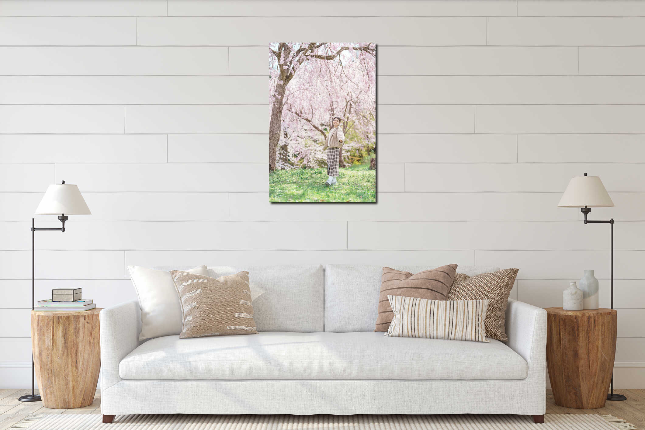 Woman tourist sightseeing Sakura Cherry Blossom in Spring, happy traveler travel in Tendo Park or Maizuru Park in Yamagata interior mockup