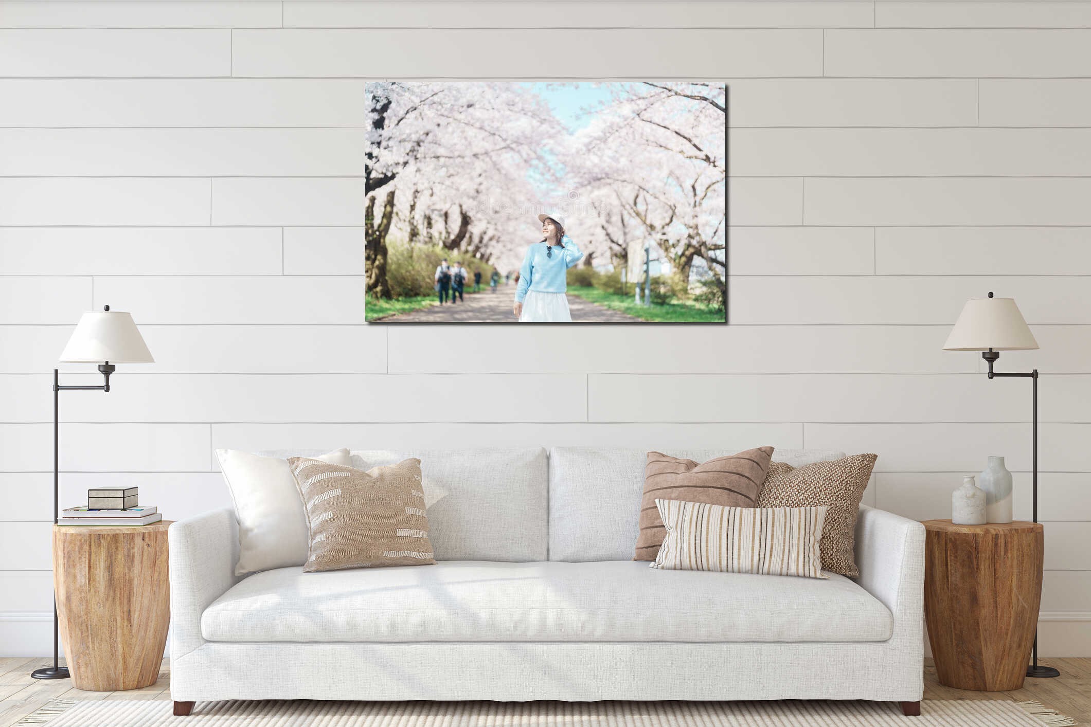 Woman tourist sightseeing Kitakami Tenshochi Park with Sakura Cherry Blossom in Spring, traveler travel in Kitakami festival, interior mockup