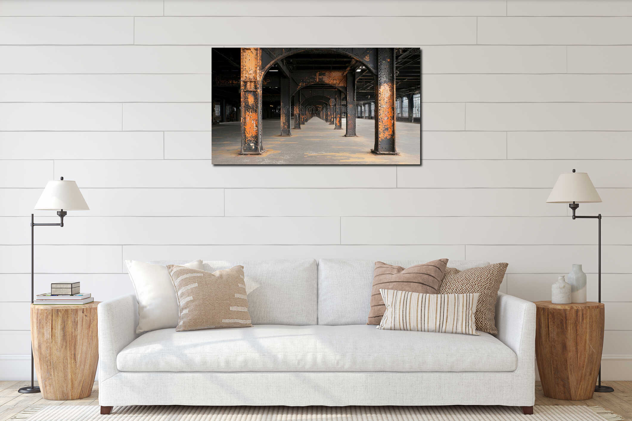 A long, empty corridor with a series of arches and columns, leading to a distant end. interior mockup