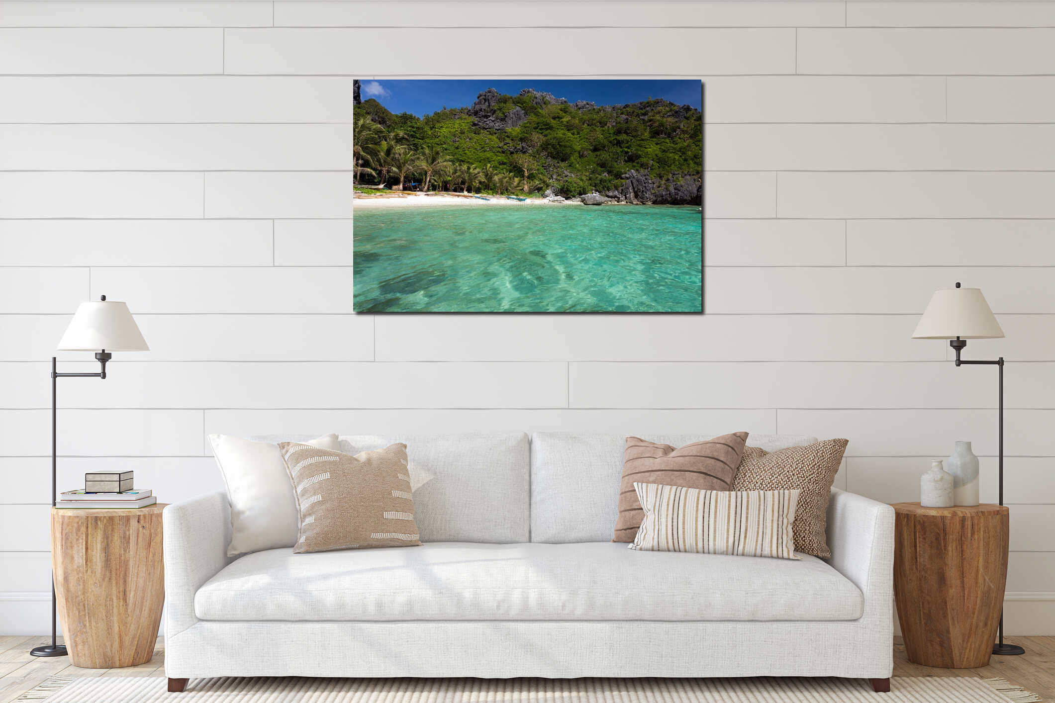 Tranquil tropical beach interior mockup