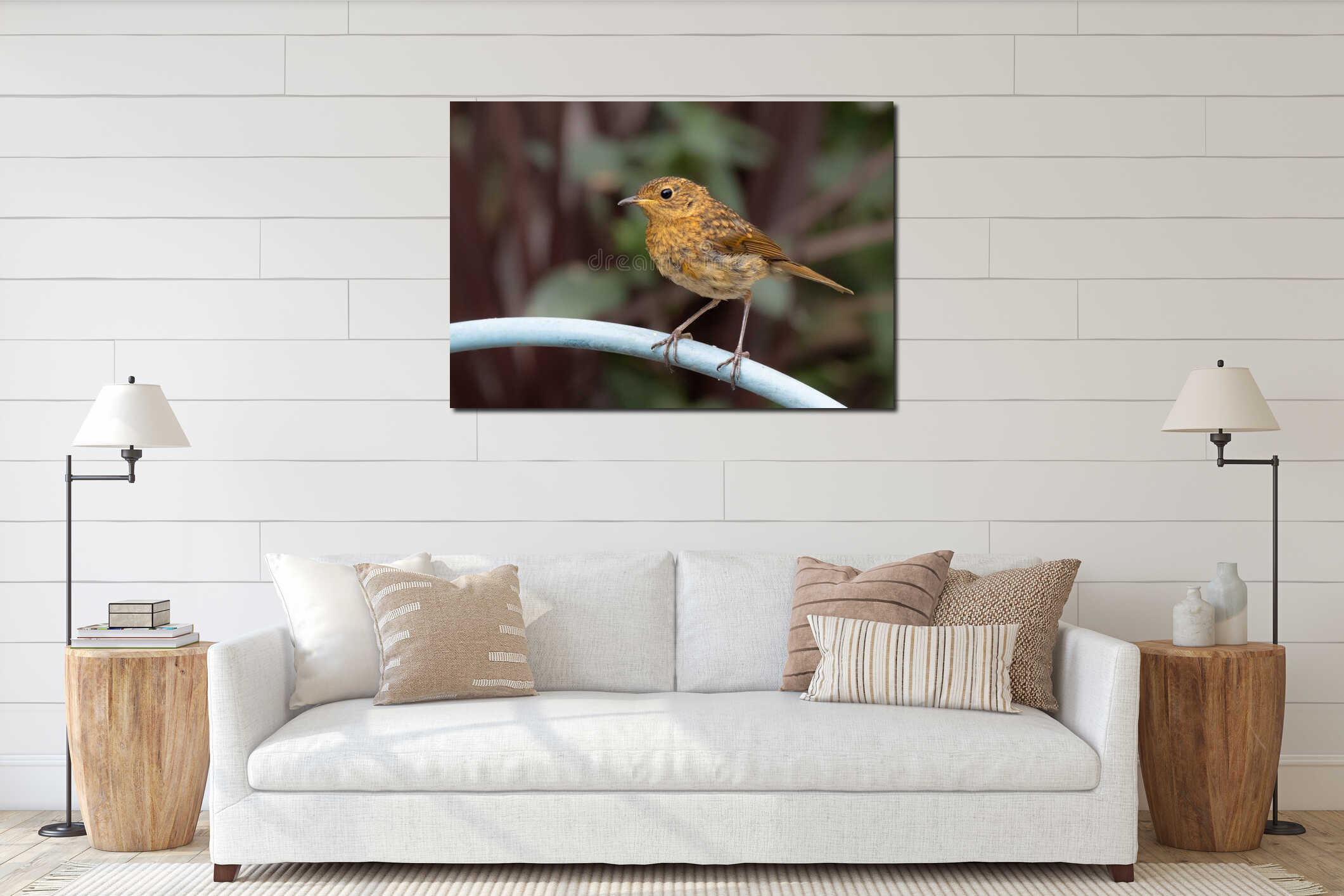 Small brown bird on blue pipe interior mockup