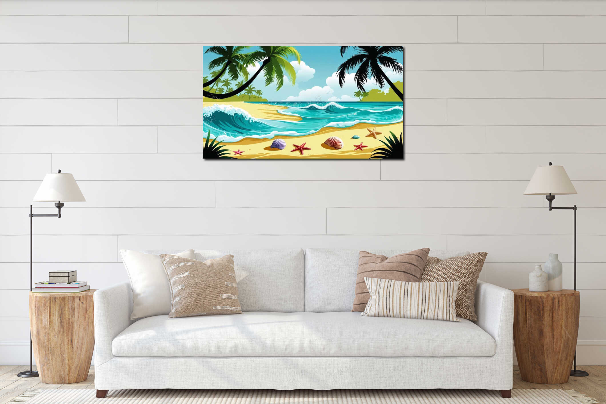 Bright and colorful tropical beach background interior mockup