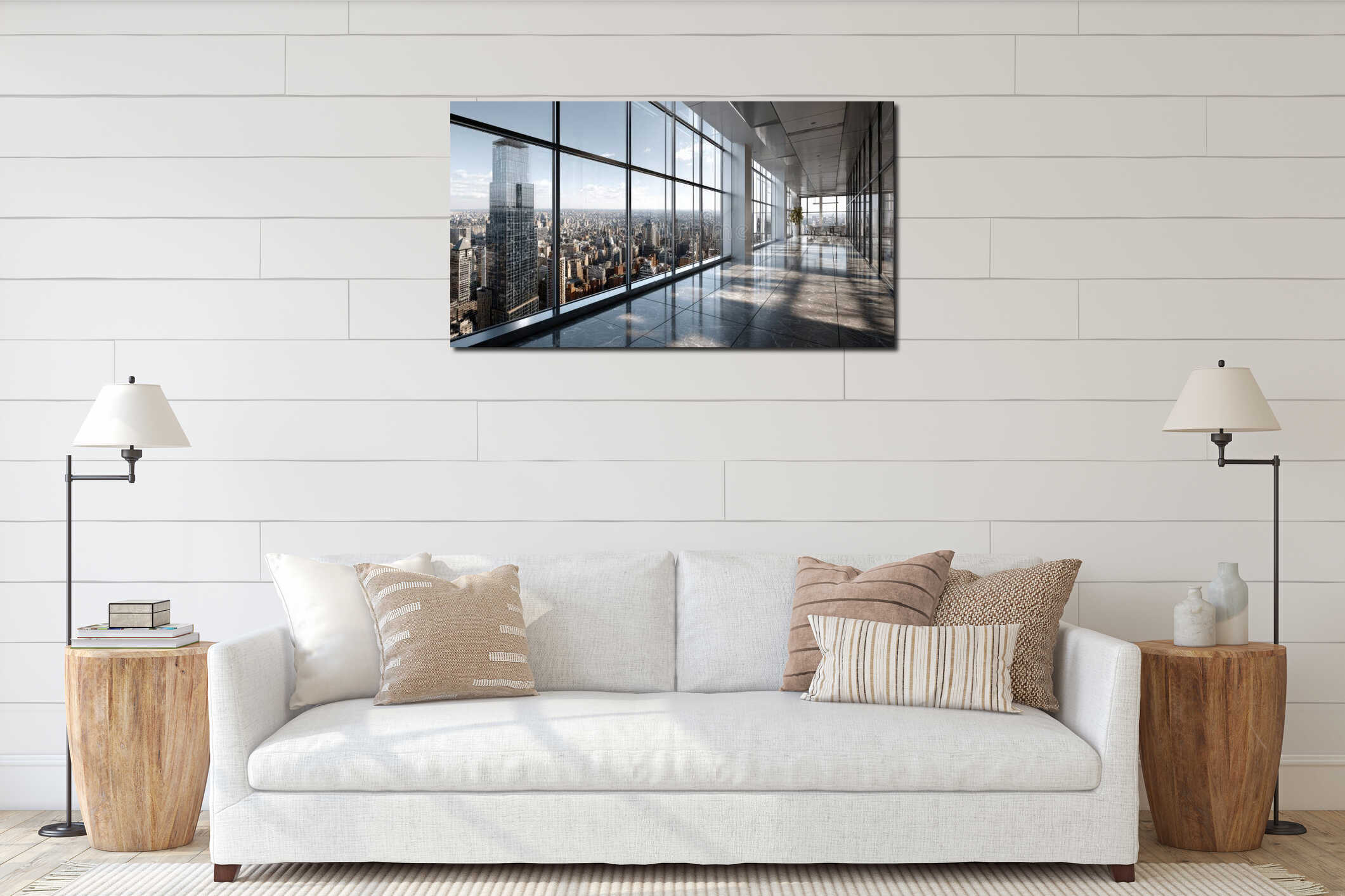 A long hallway with many windows offers a stunning city view interior mockup