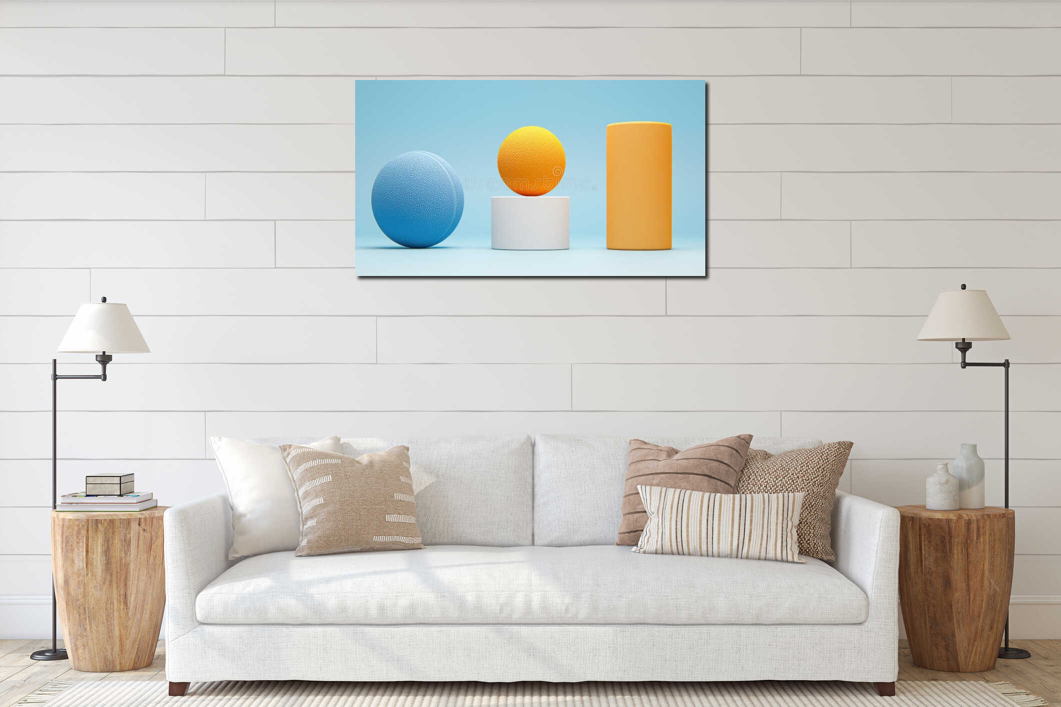 Three spheres of different sizes and colors are arranged in a row against a light blue background. interior mockup