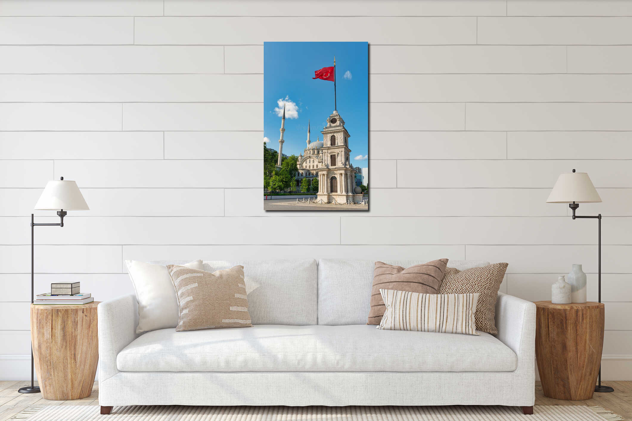 Tophane Clock Tower with Turkish Flag and Nusretiye Mosque, Istanbul, Turkey interior mockup