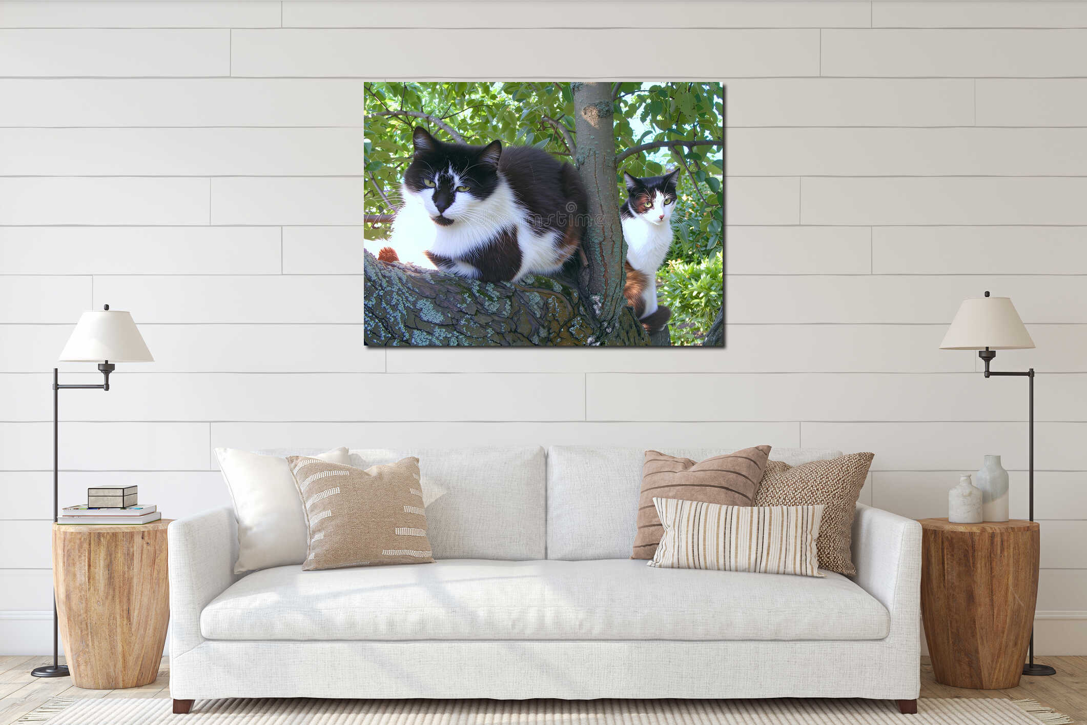 Two black and white cats sit on the moss-covered branches of a tree interior mockup