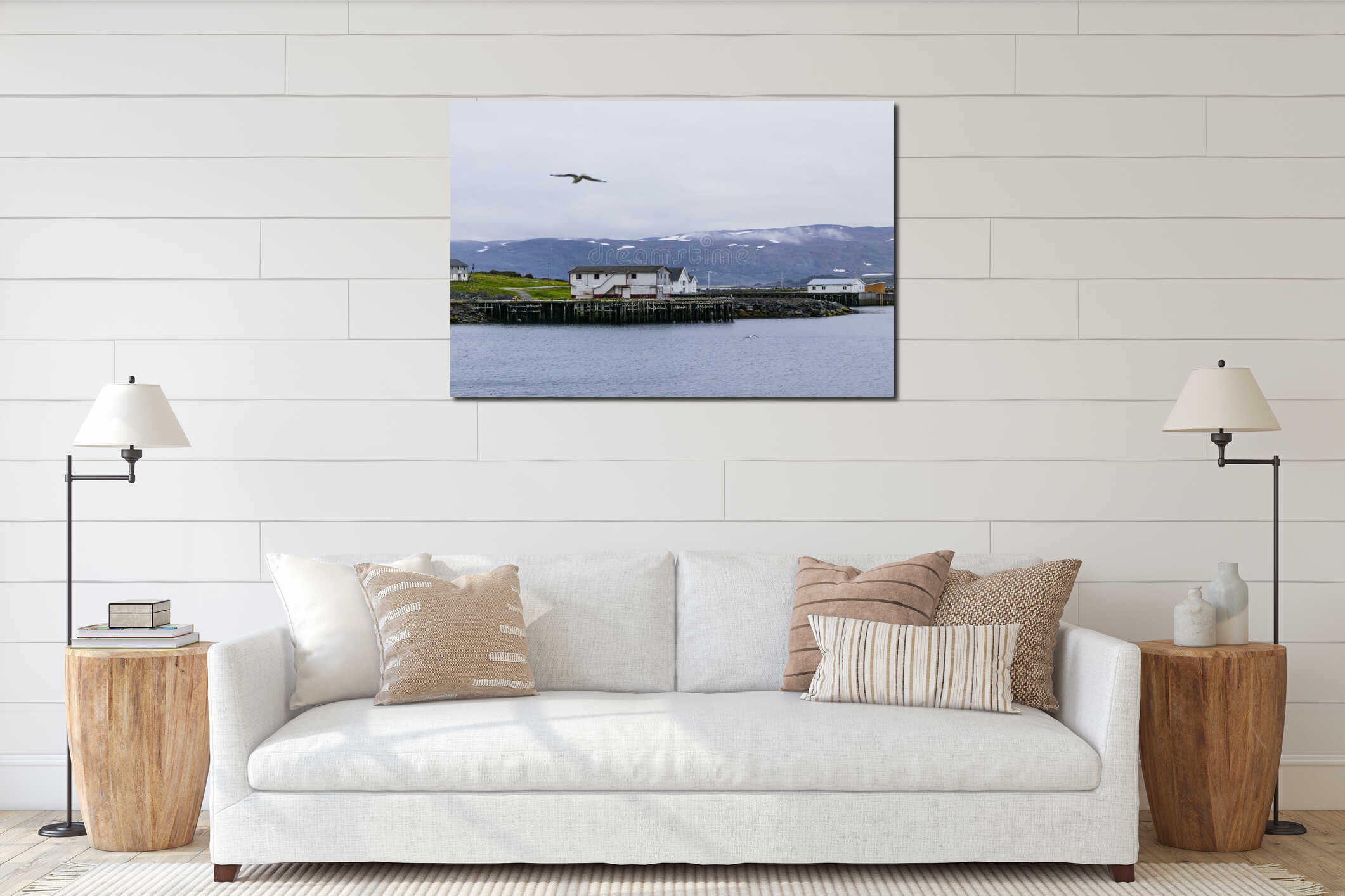 Flying seagull and the docks from Kongsfjord village interior mockup