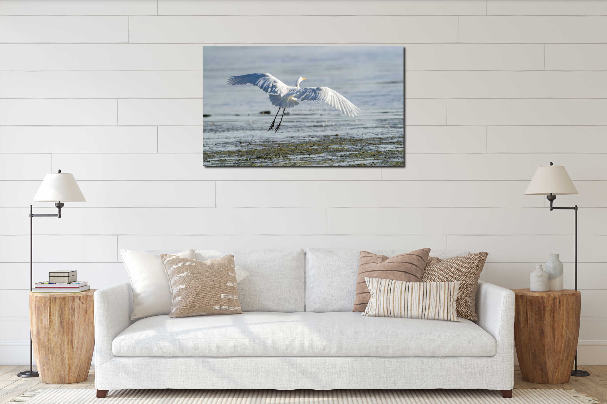 Great egret (Ardea alba) taking flight interior mockup