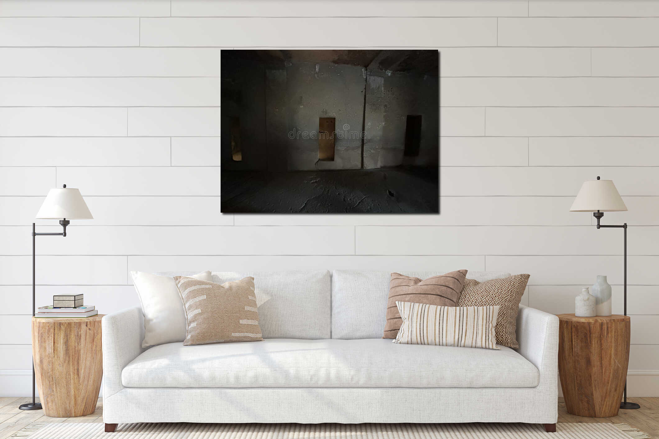 Interior of Ajanta Cave 6 â Two-Storey Buddhist Vihara with Seated Buddha and Carved Pillars interior mockup