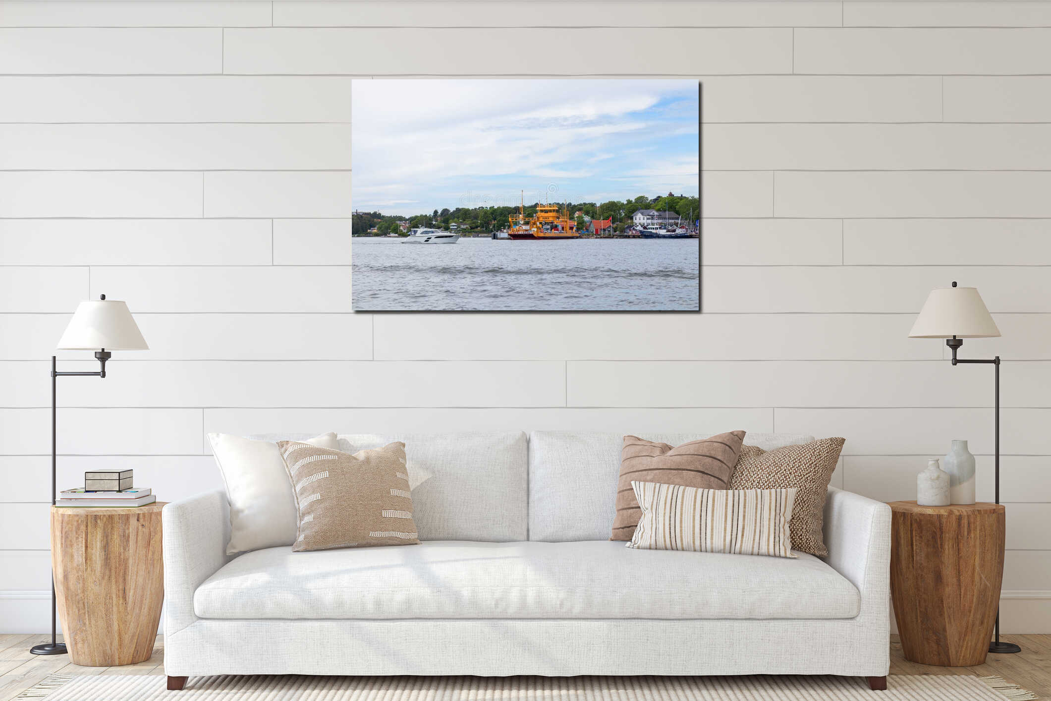 Stockholm, Sweden - July 9, 2025: A bright yellow cable ferry NINA carrying cars across the water as part of the city public interior mockup