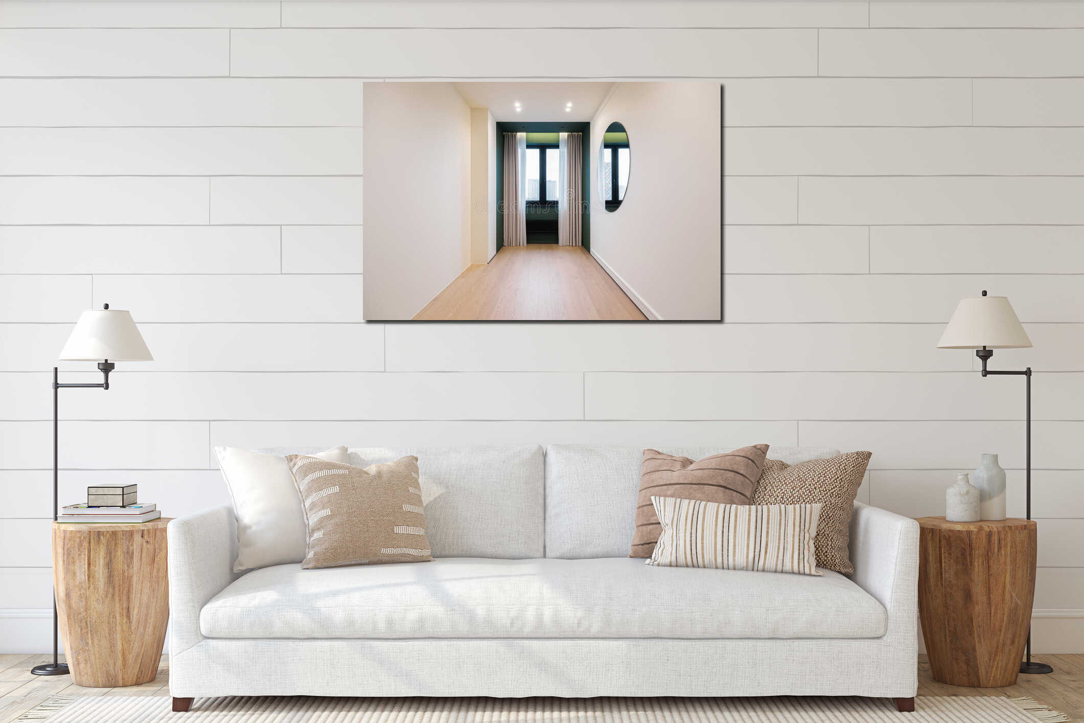 Modern hallway interior design featuring neutral colors and a large window with city views during the day interior mockup