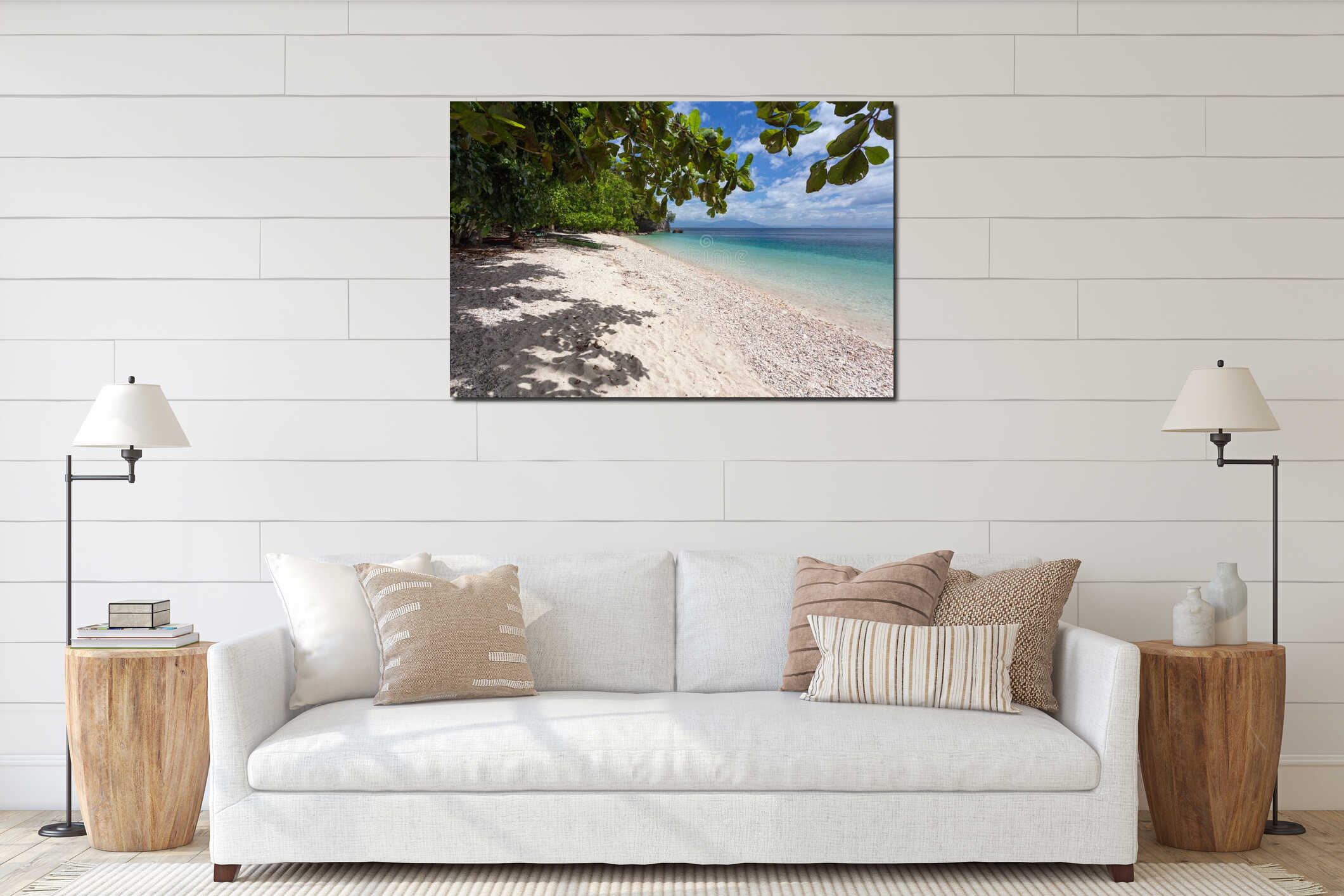 Tranquil tropical beach interior mockup