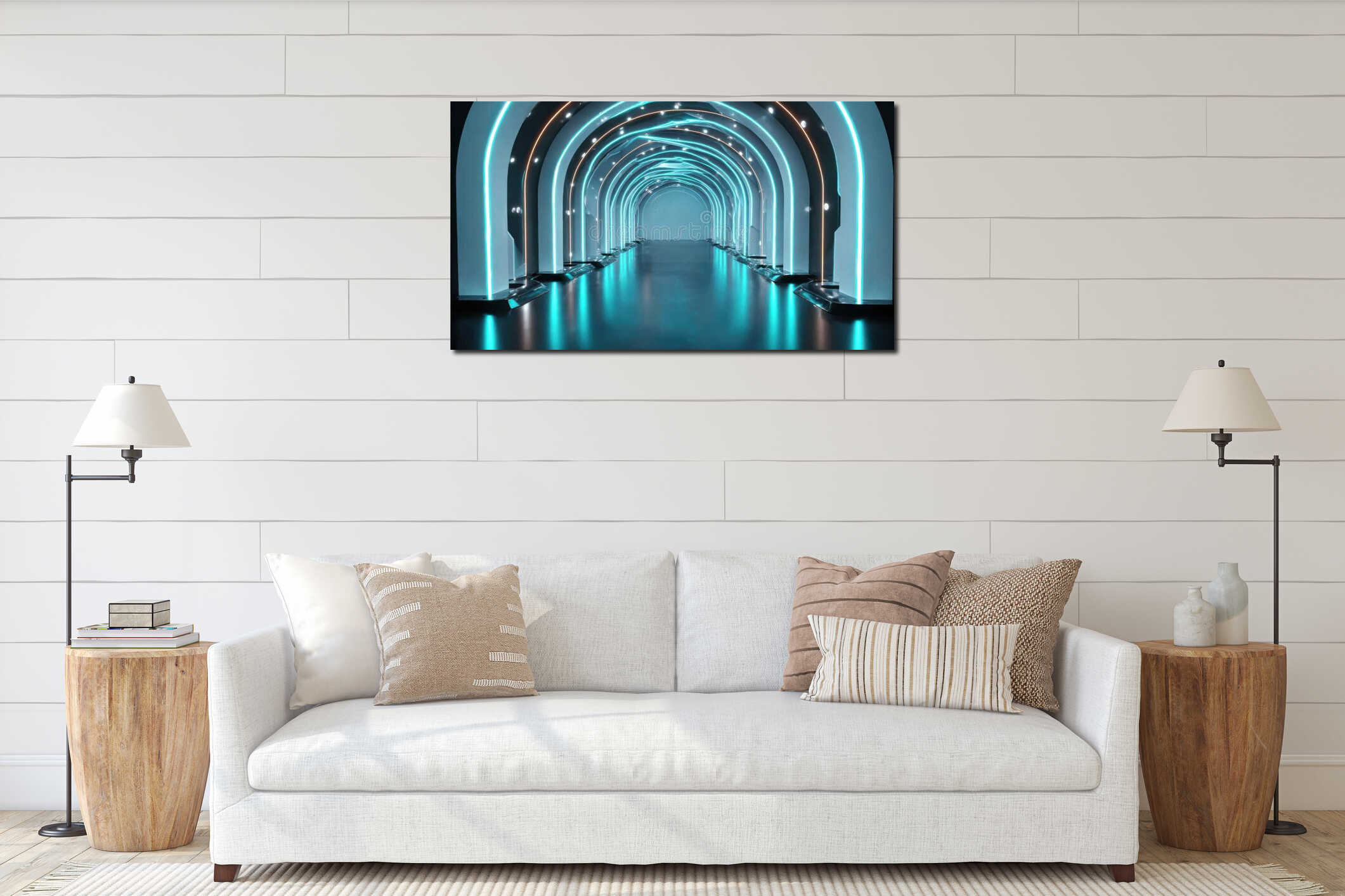 Futuristic Neon-Lit Tunnel With Arched Design. Modern Architecture And Innovative Lighting Create A Sci-Fi Ambiance interior mockup