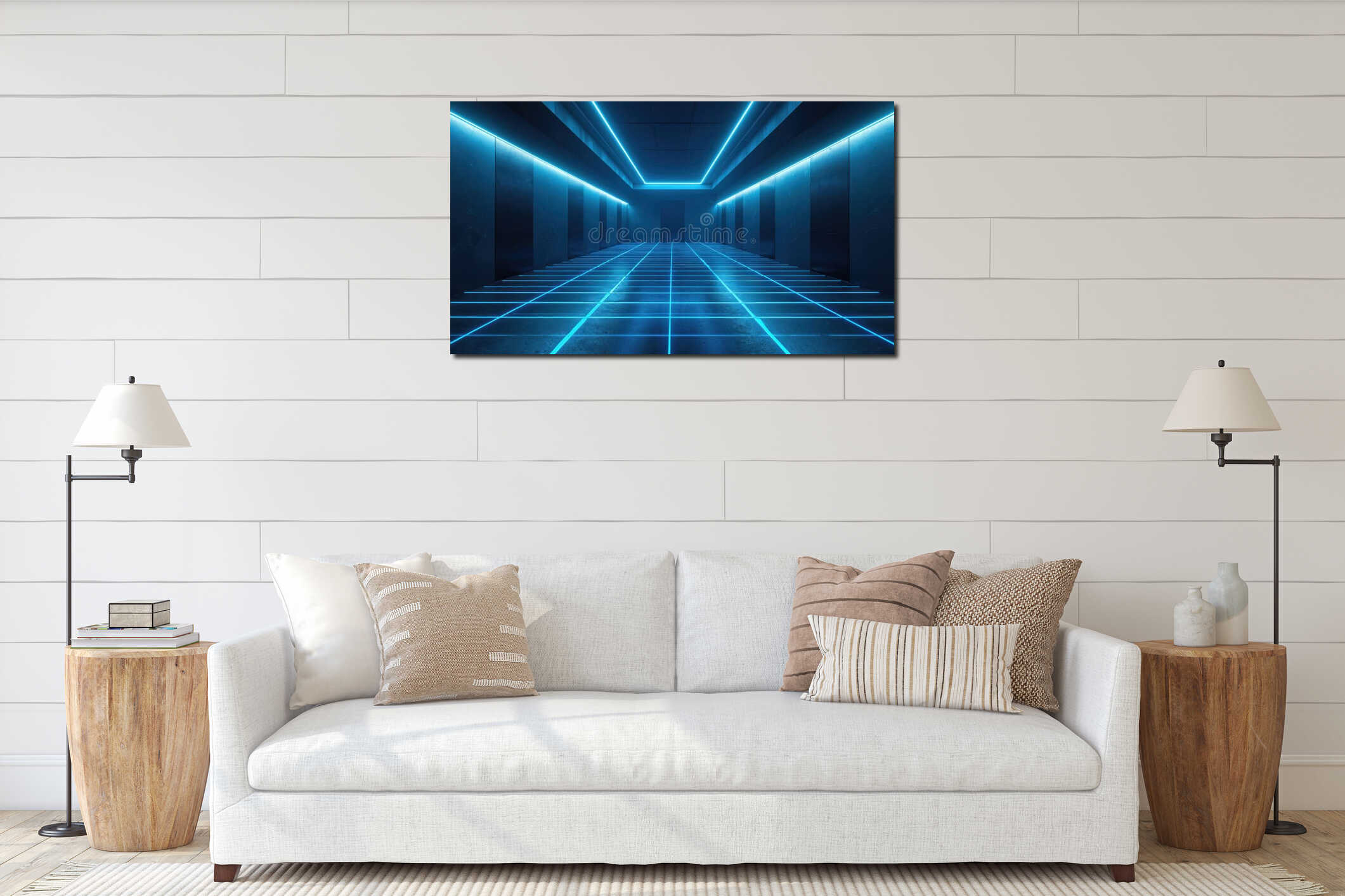 Futuristic neon-lit hallway with geometric grid pattern on floor, ceiling. Dark walls with textured panels, vibrant blue glowing interior mockup