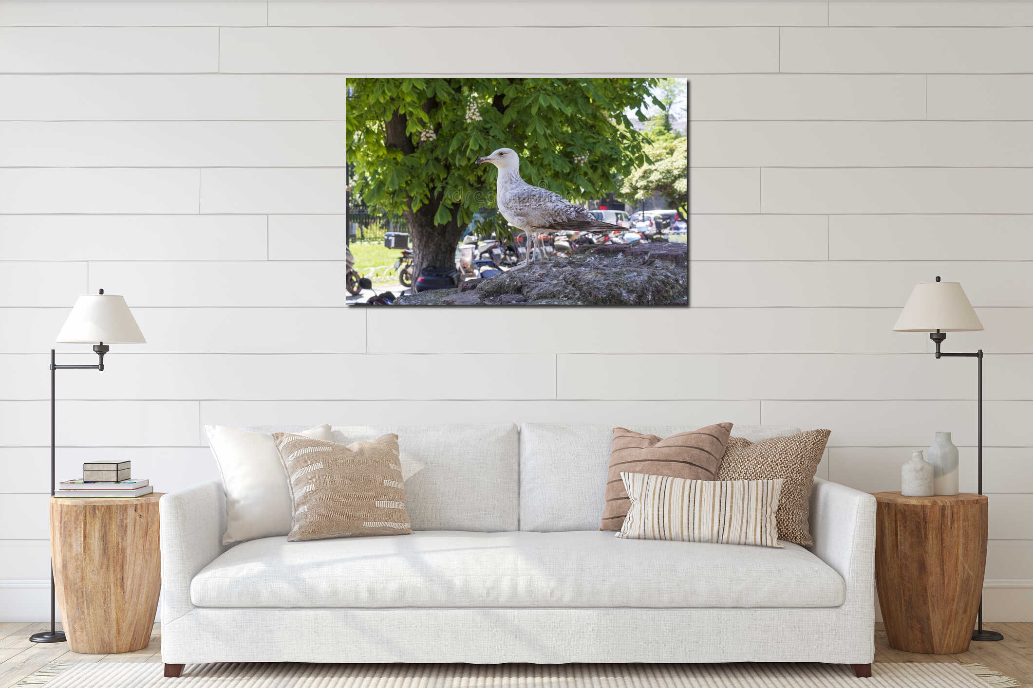 Urban seagull on a stone wall in sunny park with motorcycles and trees in background interior mockup