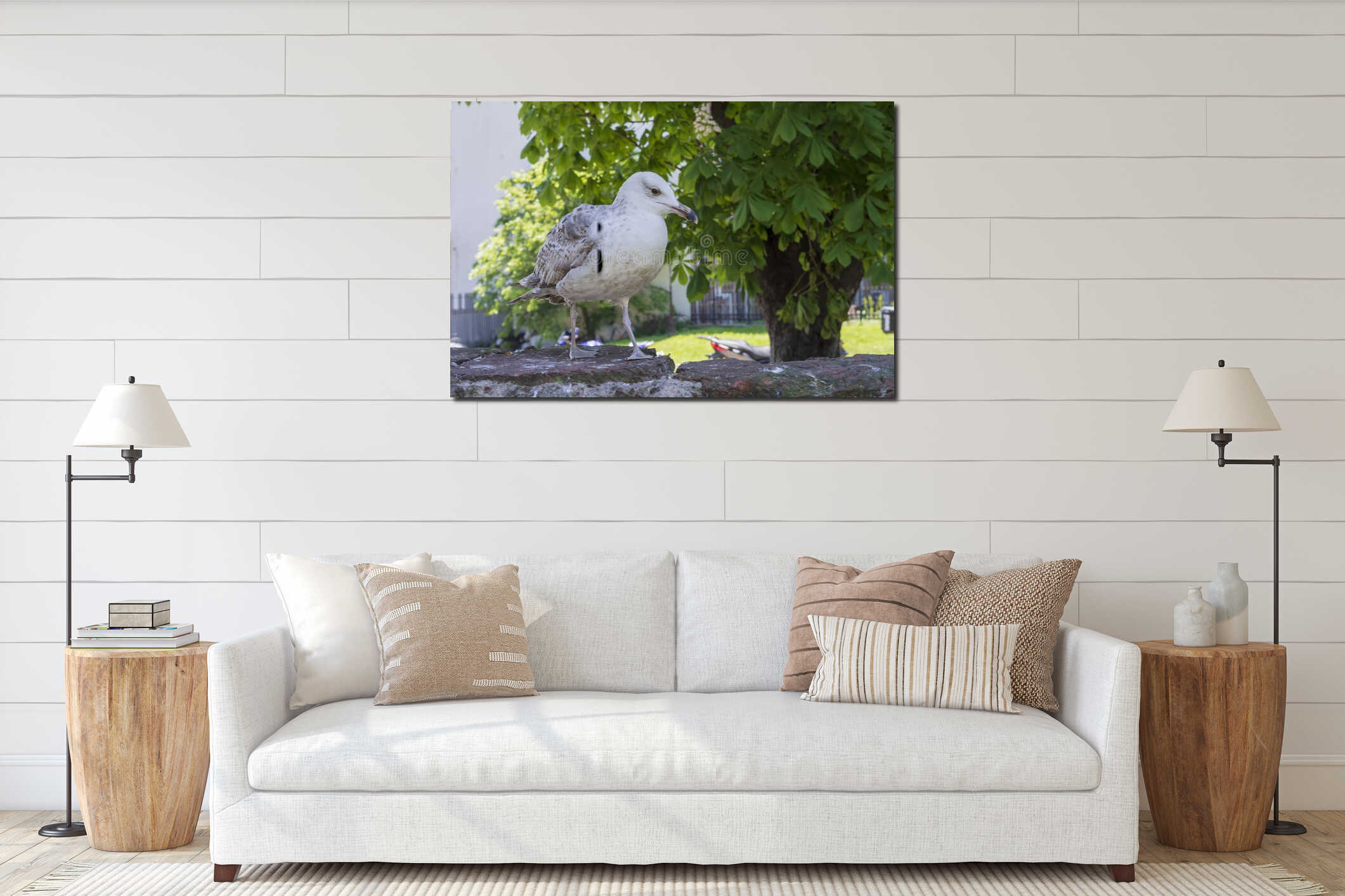Urban seagull on a stone wall in sunny park with motorcycles and trees in background interior mockup