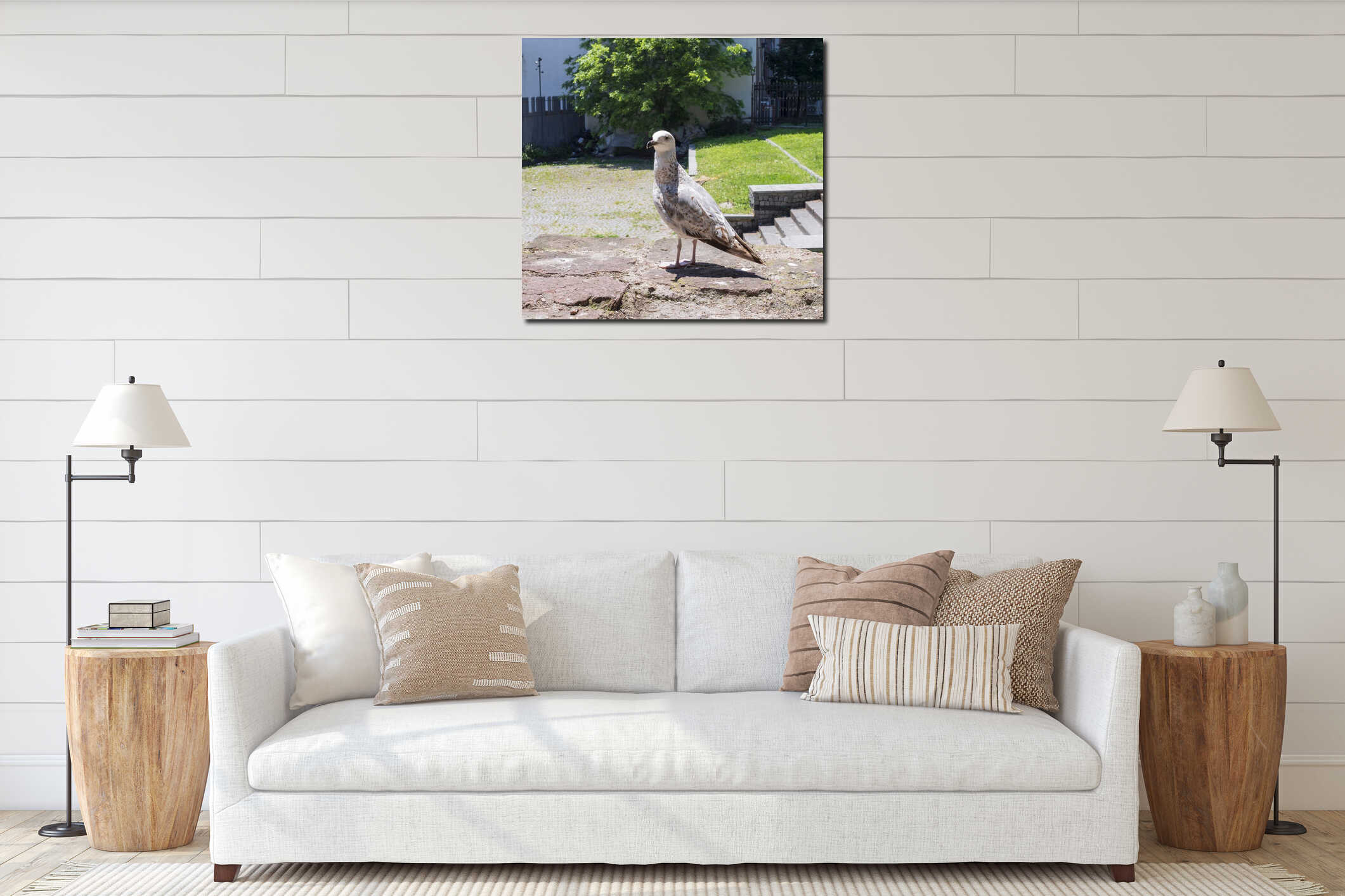Urban seagull on a stone wall in sunny park with motorcycles and trees in background interior mockup