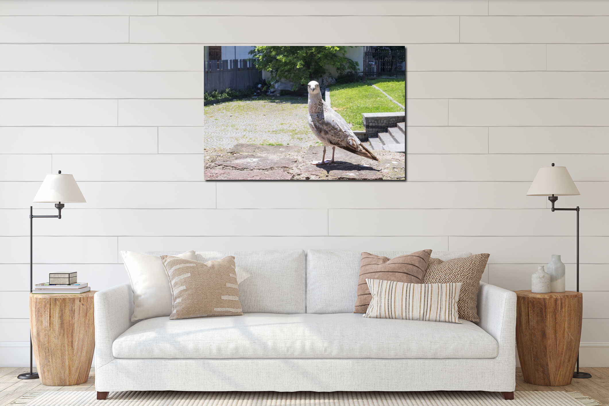 Urban seagull on a stone wall in sunny park with motorcycles and trees in background interior mockup