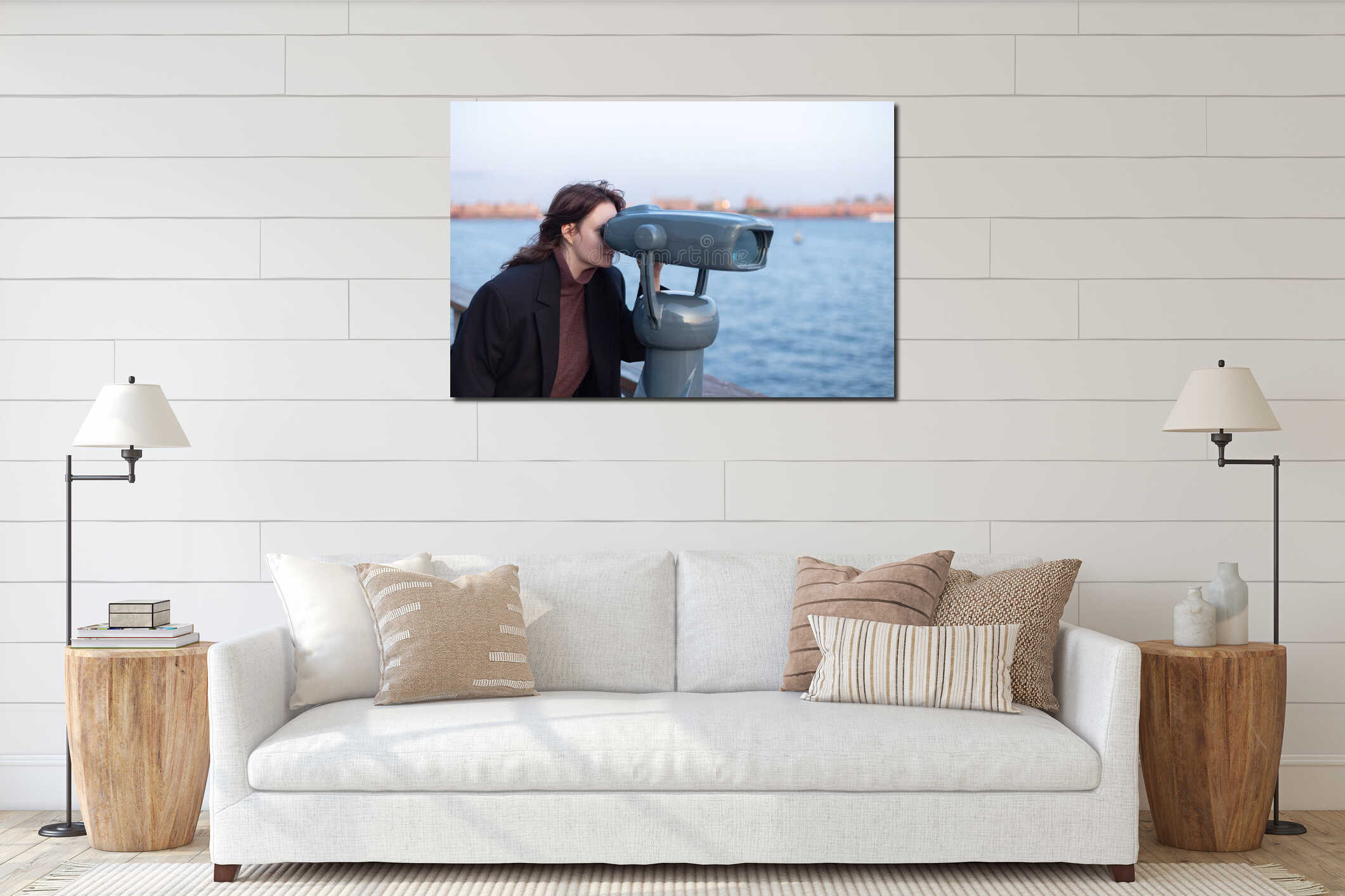 Person looking in binoculars telescope on observation deck for tourist interior mockup